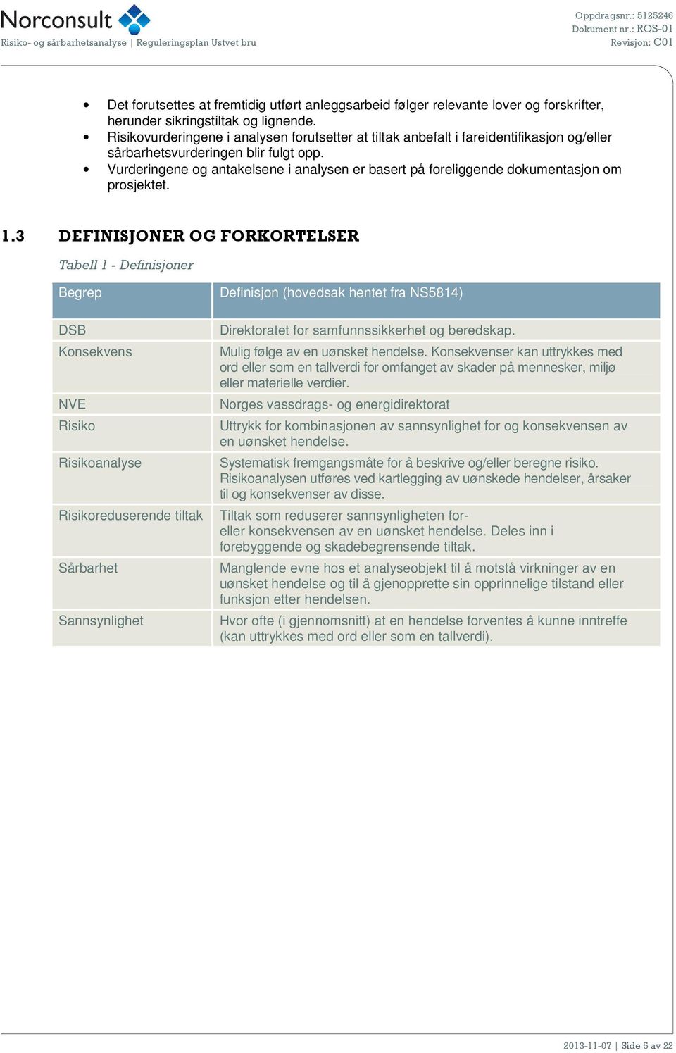 Vurderingene og antakelsene i analysen er basert på foreliggende dokumentasjon om prosjektet. 1.