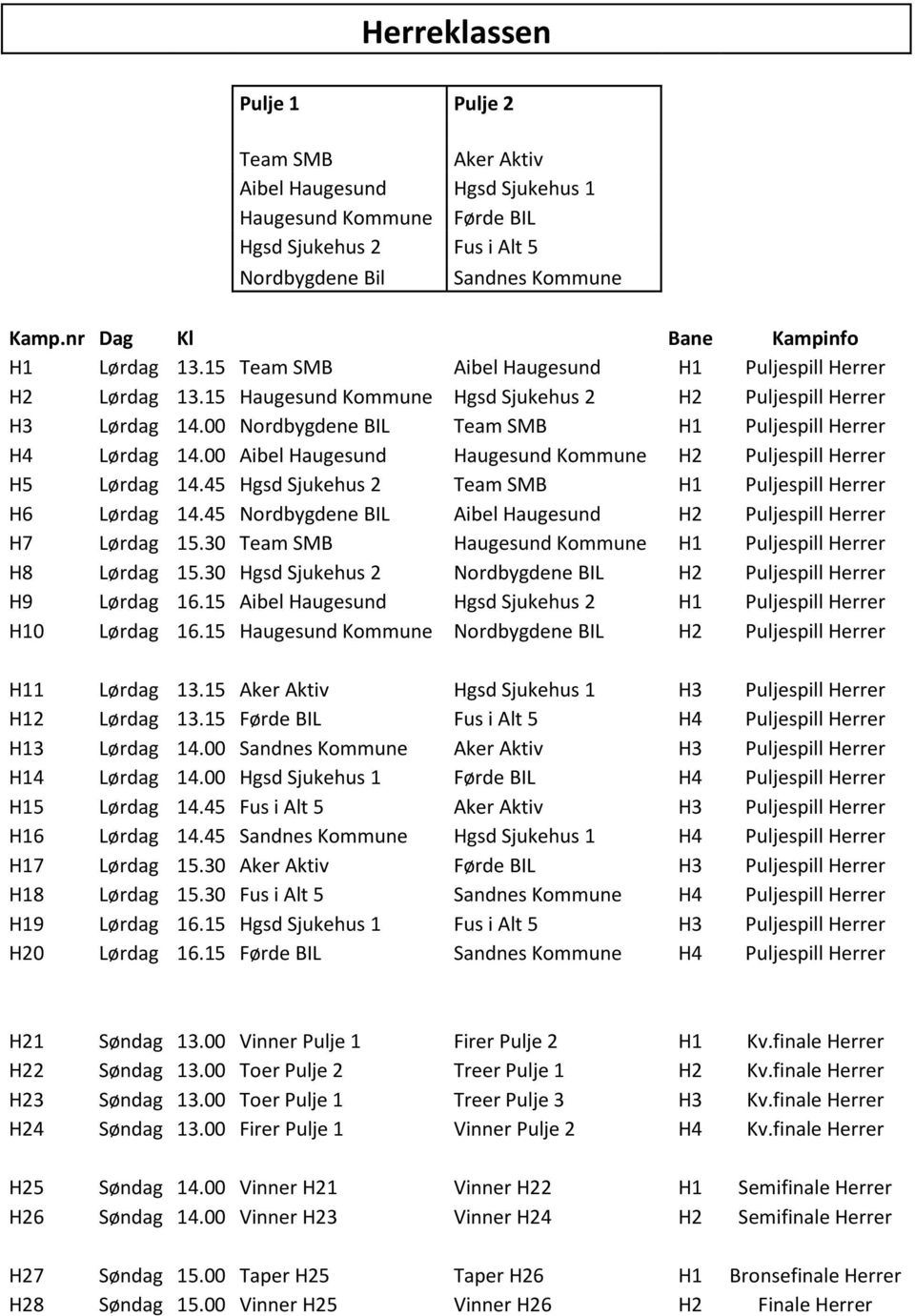 00 Nordbygdene BIL Team SMB H1 Puljespill Herrer H4 Lørdag 14.00 Aibel Haugesund Haugesund Kommune H2 Puljespill Herrer H5 Lørdag 14.45 Hgsd Sjukehus 2 Team SMB H1 Puljespill Herrer H6 Lørdag 14.