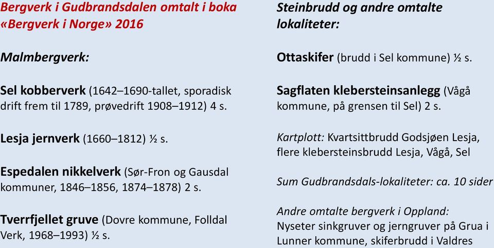 Steinbrudd og andre omtalte lokaliteter: Ottaskifer (brudd i Sel kommune) ½ s. Sagflaten klebersteinsanlegg (Vågå kommune, på grensen til Sel) 2 s.
