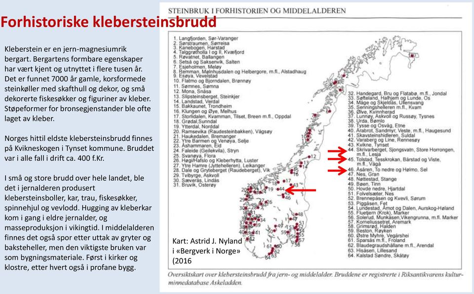Norges hittil eldste klebersteinsbrudd finnes på Kvikneskogen i Tynset kommune. Bruddet var i alle fall i drift ca. 400 f.kr.