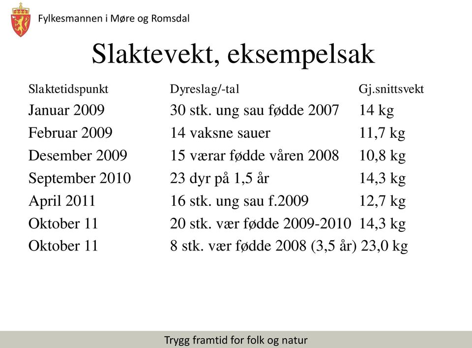 våren 2008 10,8 kg September 2010 23 dyr på 1,5 år 14,3 kg April 2011 16 stk. ung sau f.