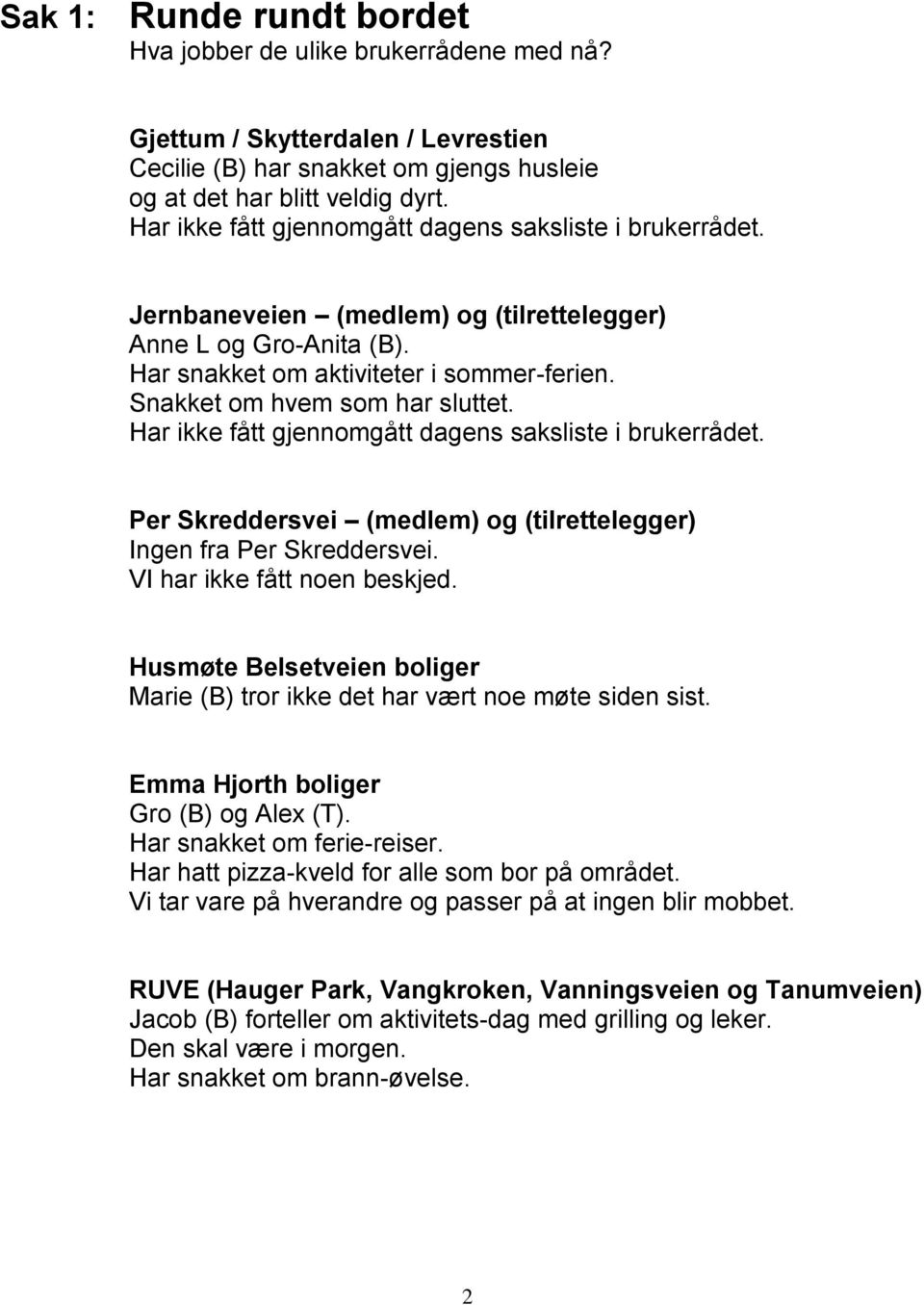 Snakket om hvem som har sluttet. Har ikke fått gjennomgått dagens saksliste i brukerrådet. Per Skreddersvei (medlem) og (tilrettelegger) Ingen fra Per Skreddersvei. VI har ikke fått noen beskjed.