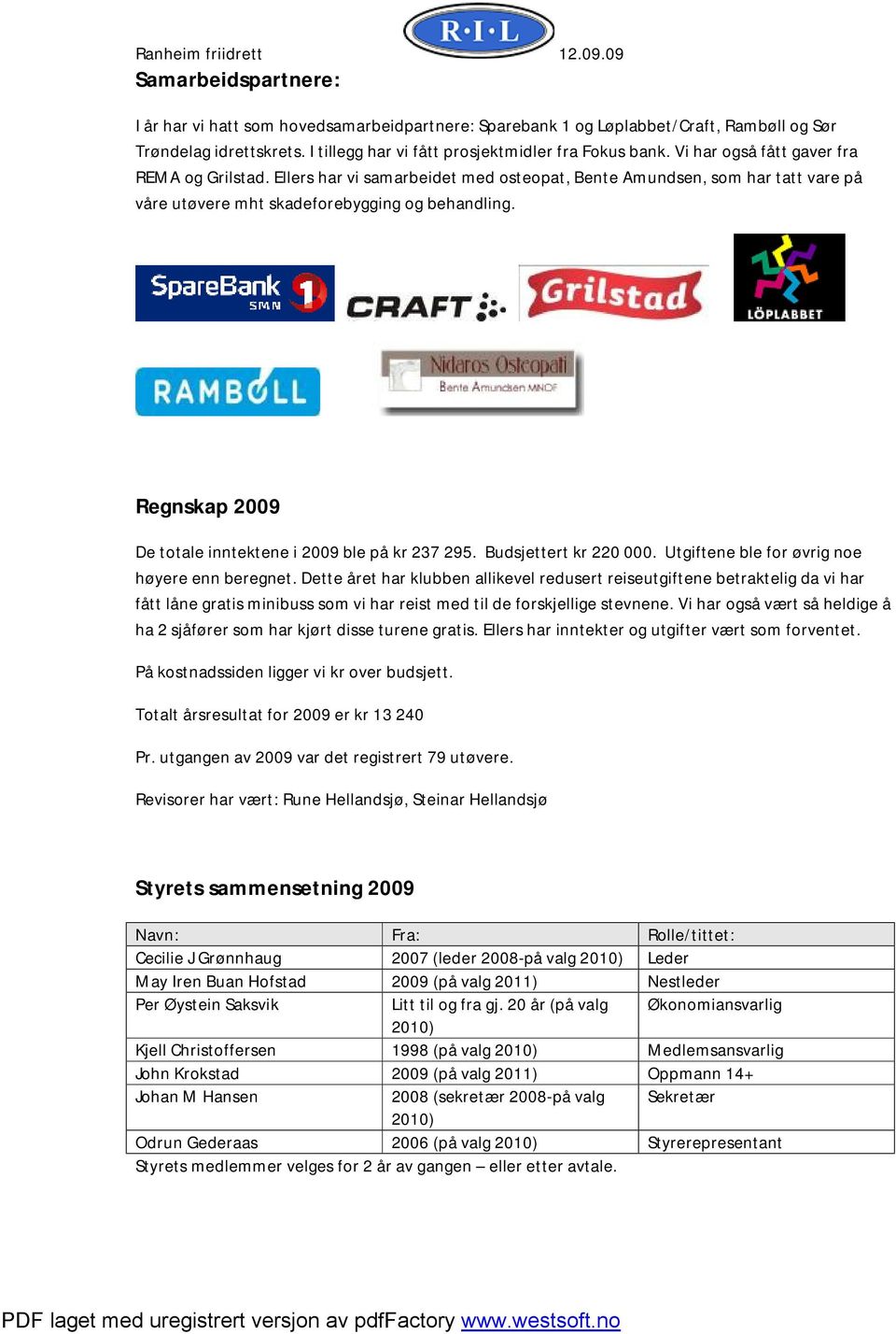 Regnskap 2009 De totale inntektene i 2009 ble på kr 237 295. Budsjettert kr 220 000. Utgiftene ble for øvrig noe høyere enn beregnet.