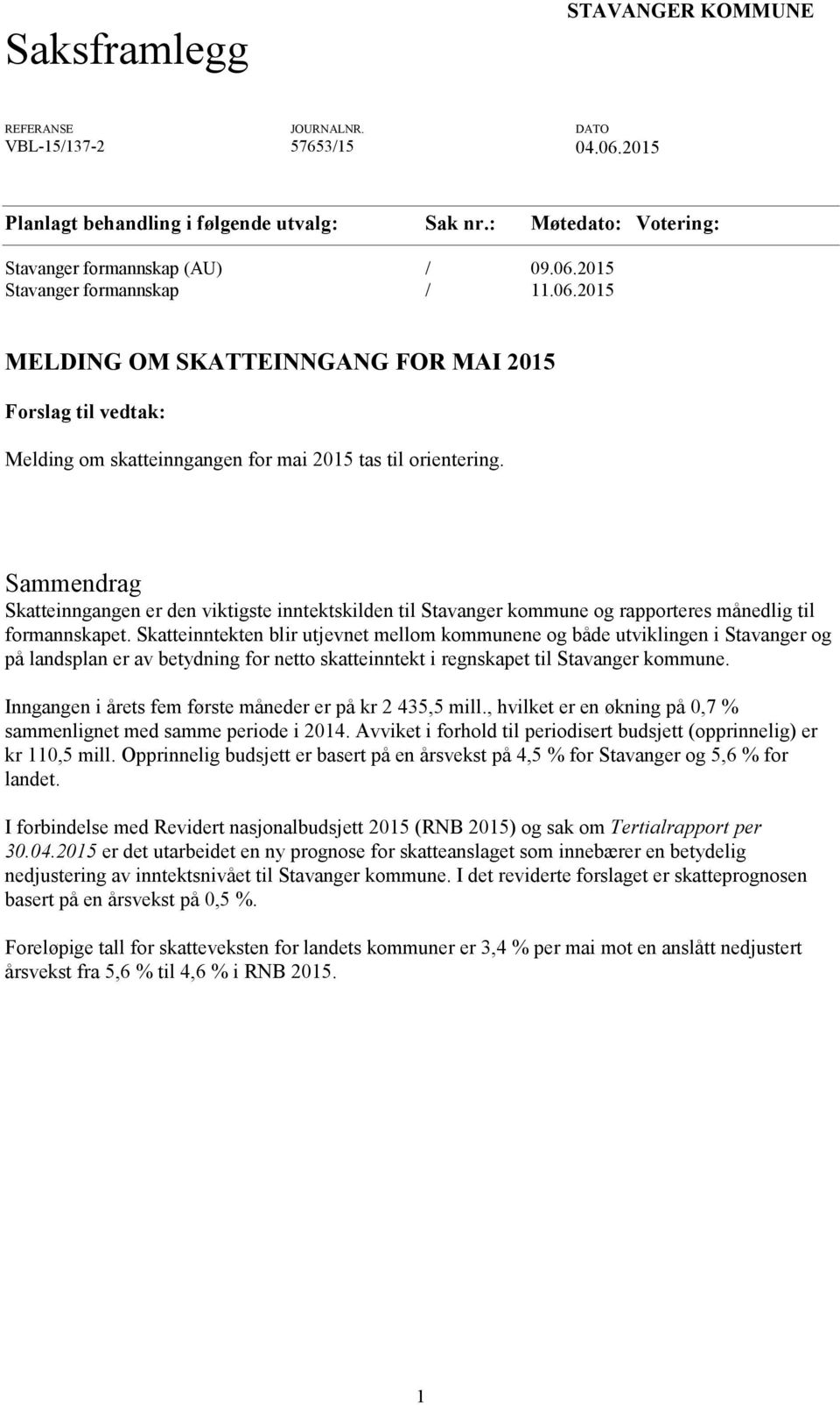 Sammendrag Skatteinngangen er den viktigste inntektskilden til Stavanger kommune og rapporteres månedlig til formannskapet.