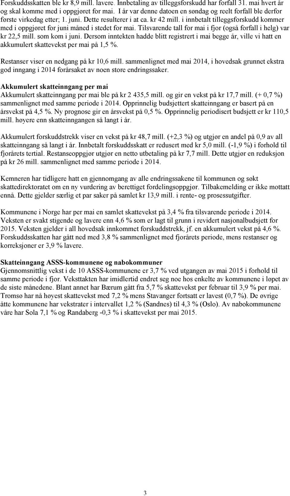 i innbetalt tilleggsforskudd kommer med i oppgjøret for juni måned i stedet for mai. Tilsvarende tall for mai i fjor (også forfall i helg) var kr 22,5 mill. som kom i juni.