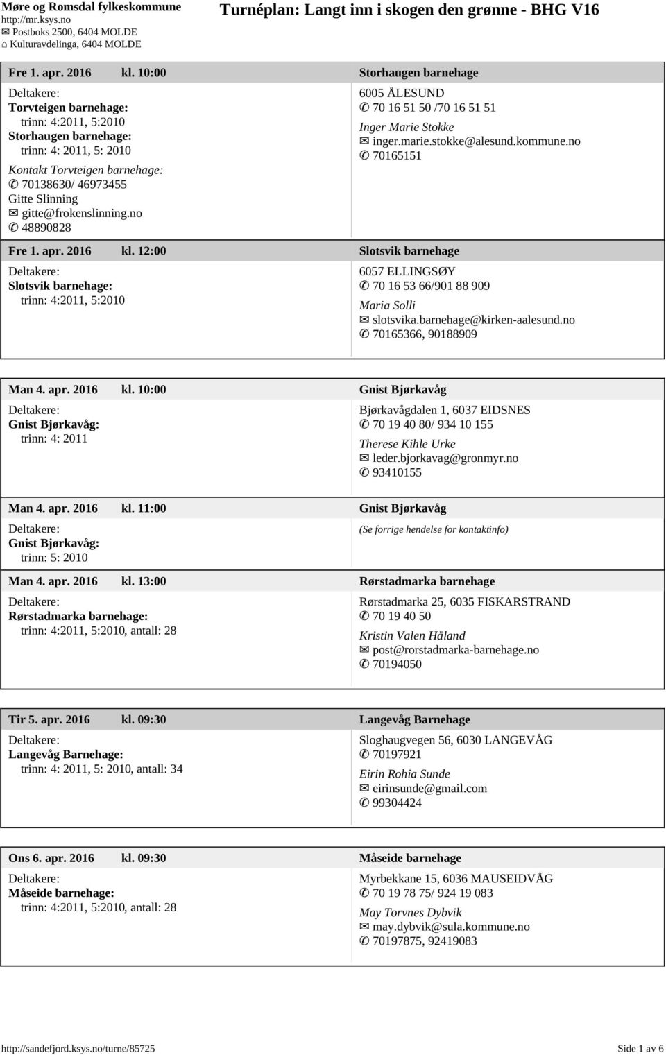 gitte@frokenslinning.no 48890828 6005 ÅLESUND 70 16 51 50 /70 16 51 51  12:00 Slotsvik barnehage Slotsvik barnehage: trinn: 4:2011, 5:2010 Inger Marie Stokke inger.marie.stokke@alesund.kommune.