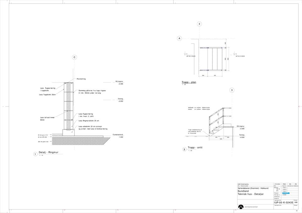 skift Leca Ringmursblokk 5 cm 45 45 5 mm grus 4-6 5 mm XPS Leca såleblokk cm utstøpt og armert med Leca U-blokkarmering Fundamentnivå -. Trapp fundamenteres på Leca såleblokk x7,5 el.