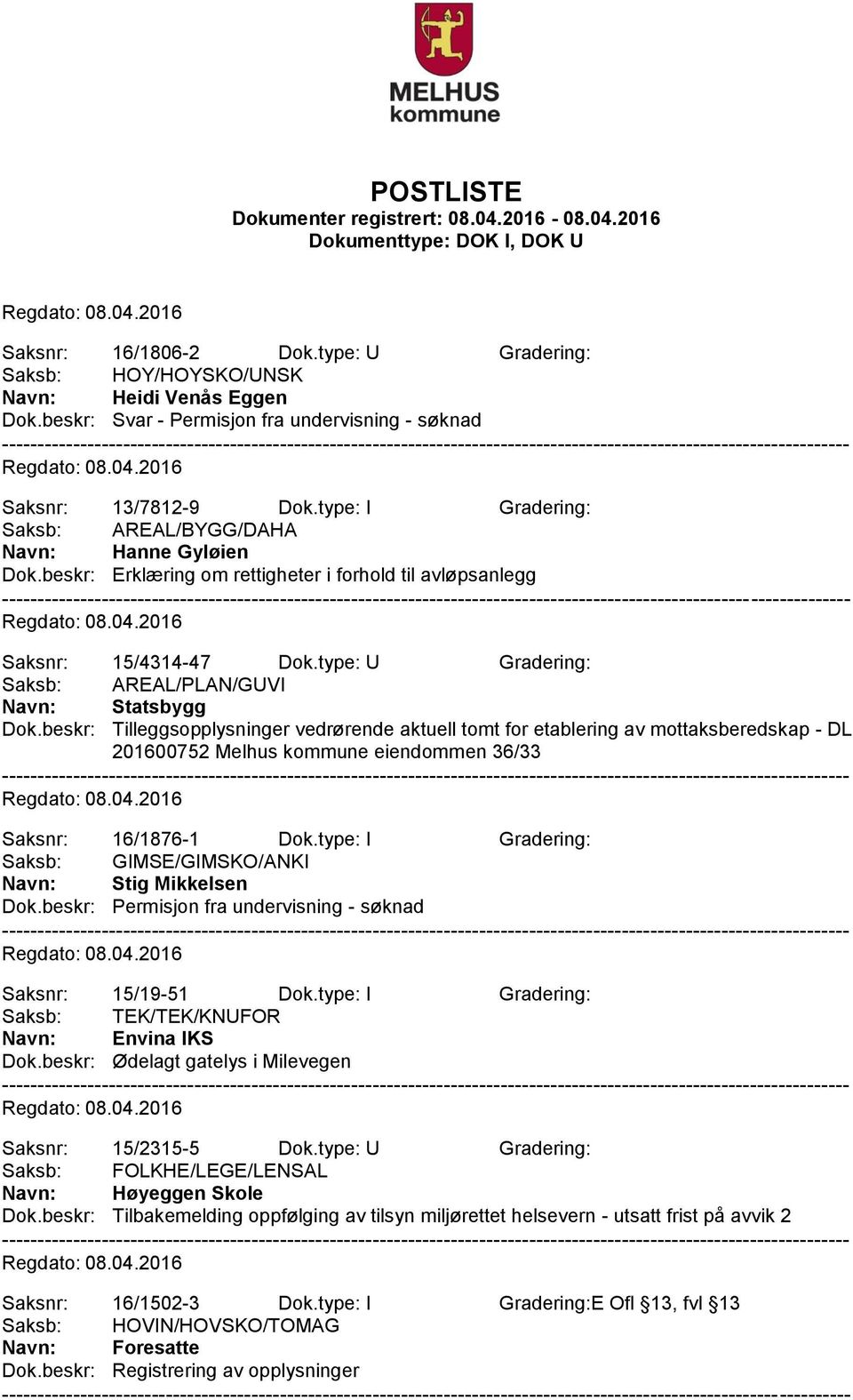 beskr: Tilleggsopplysninger vedrørende aktuell tomt for etablering av mottaksberedskap - DL 201600752 Melhus kommune eiendommen 36/33 Saksnr: 16/1876-1 Dok.