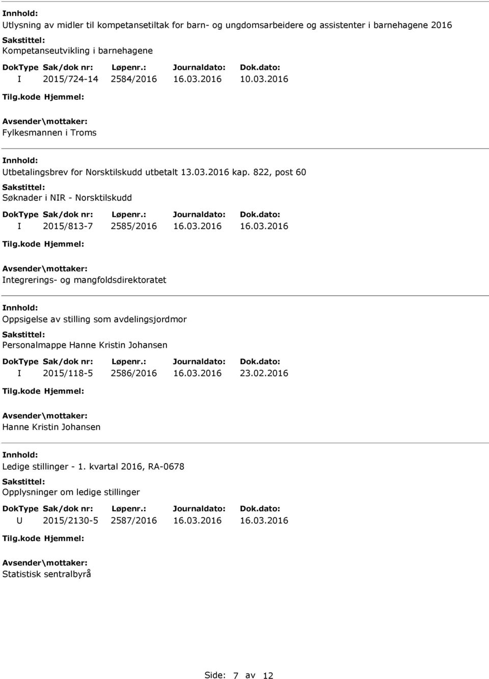 822, post 60 Søknader i NR - Norsktilskudd 2015/813-7 2585/2016 ntegrerings- og mangfoldsdirektoratet Oppsigelse av stilling som avdelingsjordmor