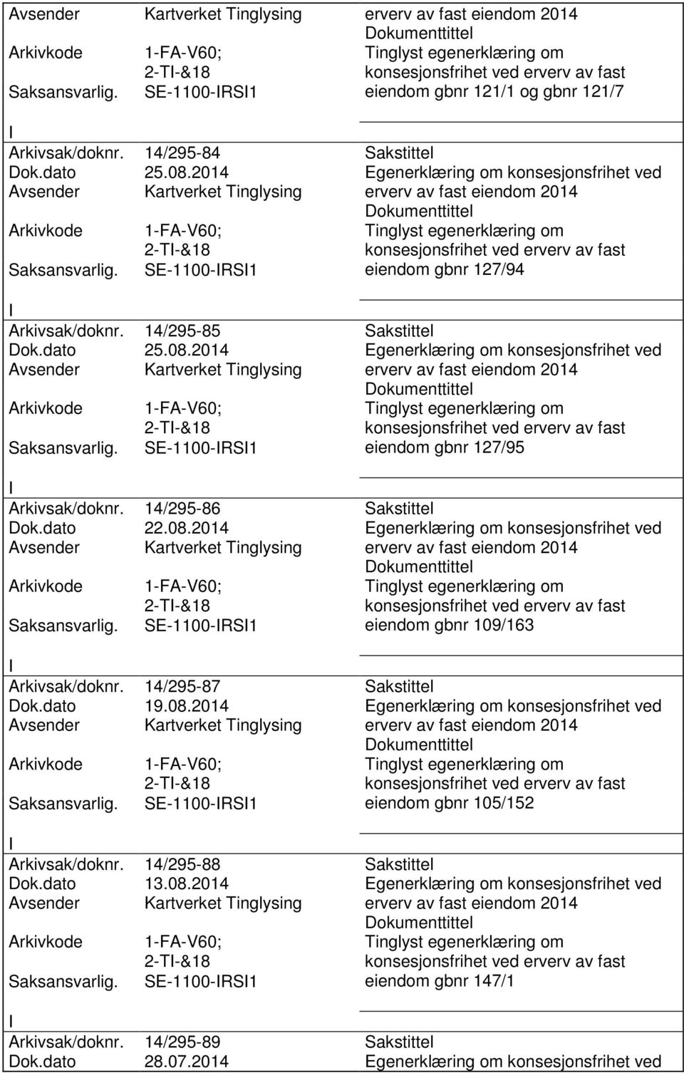 2014 Egenerklæring om konsesjonsfrihet ved 2-T-&18 SE-1100-RS1 eiendom gbnr 127/95 Arkivsak/doknr. 14/295-86 Sakstittel Dok.dato 22.08.