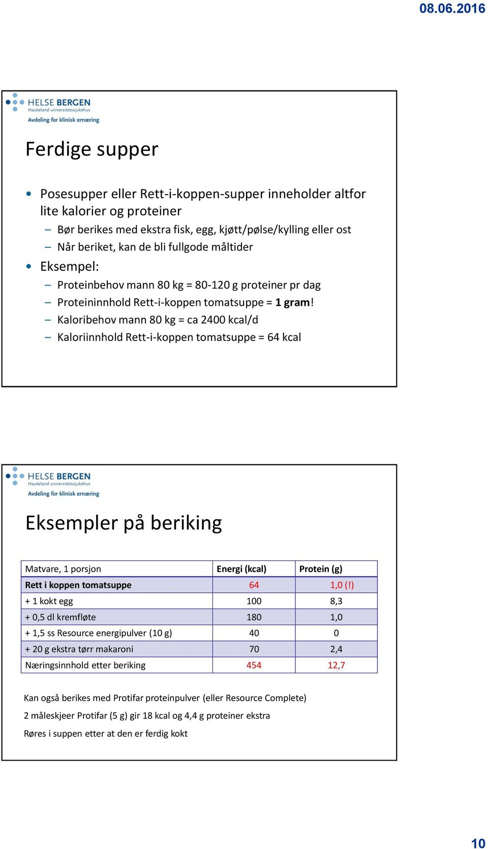 Kaloribehov mann 80 kg = ca 2400 kcal/d Kaloriinnhold Rett-i-koppen tomatsuppe = 64 kcal Eksempler på beriking Matvare, 1 porsjon Energi (kcal) Protein (g) Rett i koppen tomatsuppe 64 1,0 (!