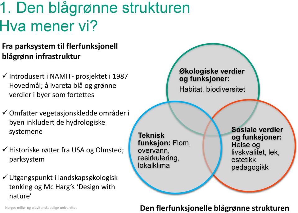 vegetasjonskledde områder i byen inkludert de hydrologiske systemene Historiske røtter fra USA og Olmsted; parksystem Utgangspunkt i landskapsøkologisk tenking og Mc Harg