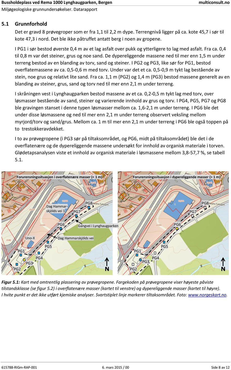 I PG1 i sør bestod øverste 0,4 m av et lag asfalt over pukk og ytterligere to lag med asfalt. Fra ca. 0,4 til 0,8 m var det steiner, grus og noe sa.