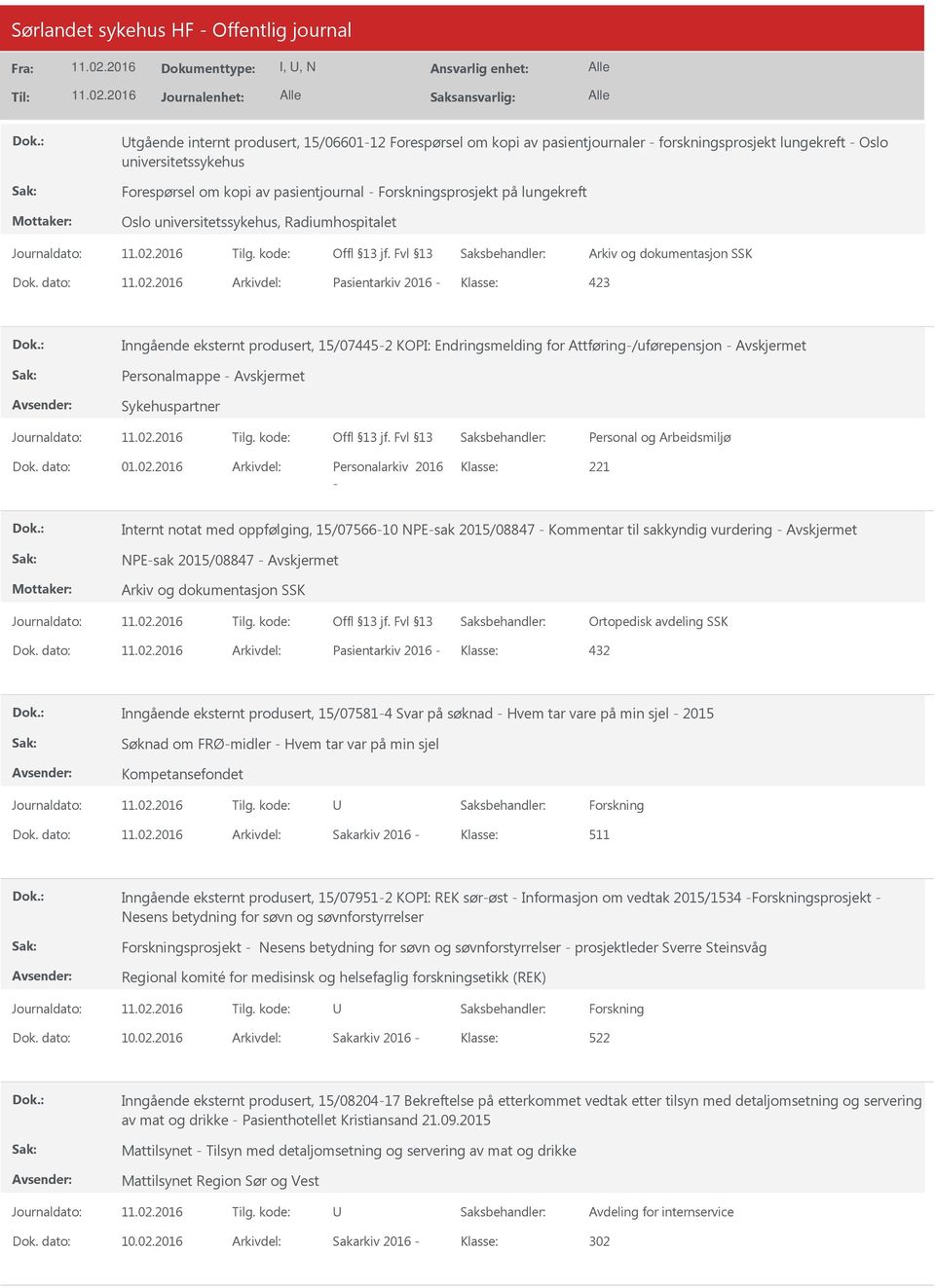 dato: Arkivdel: Pasientarkiv 2016 Klasse: Inngående eksternt produsert, 15/074452 KOPI: Endringsmelding for Attføring/uførepensjon Personalmappe Sykehuspartner Dok. dato: 01.02.