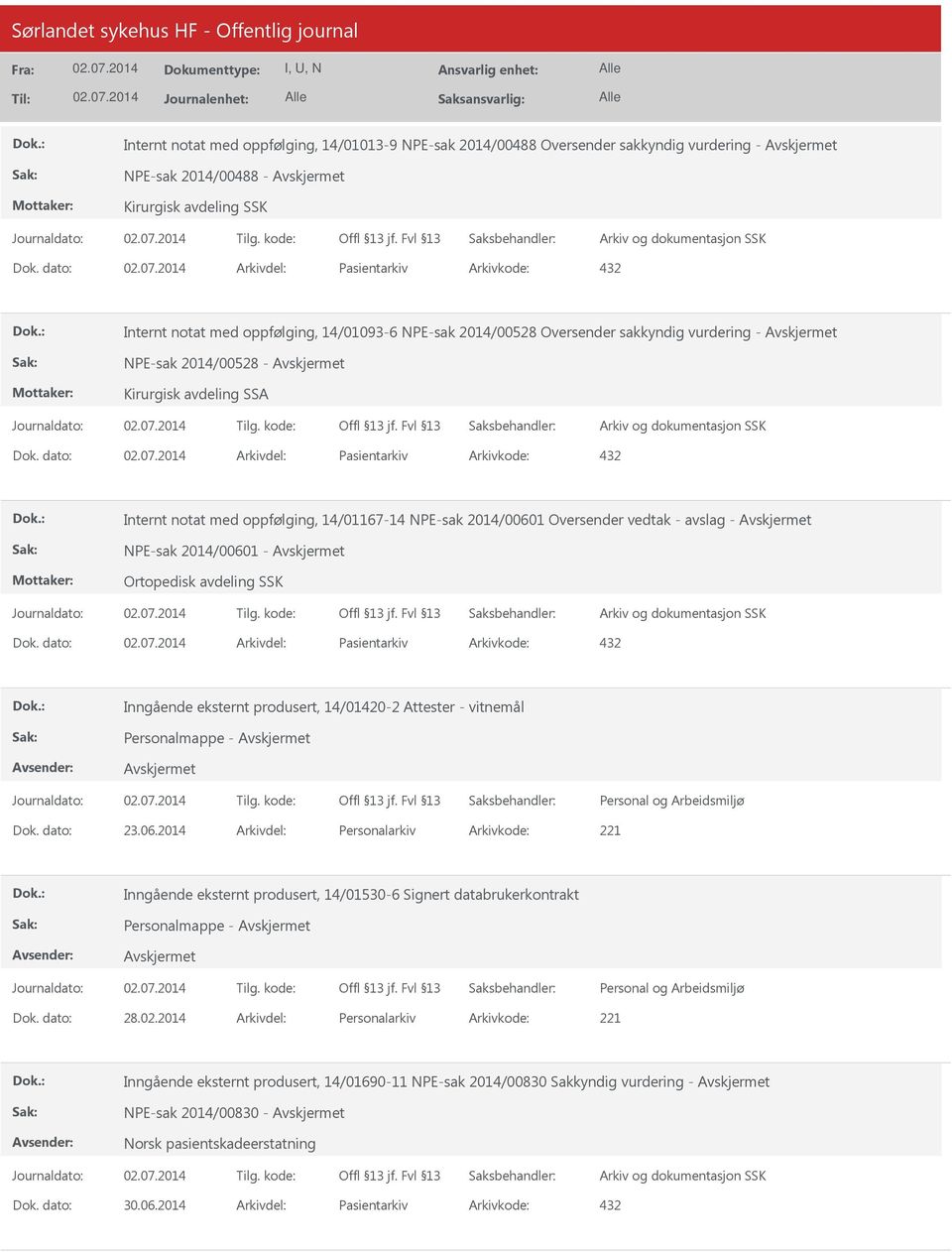 dato: Arkivdel: Pasientarkiv Arkivkode: 432 Internt notat med oppfølging, 14/01167-14 NPE-sak 2014/00601 Oversender vedtak - avslag - NPE-sak 2014/00601 - Ortopedisk avdeling SSK Dok.