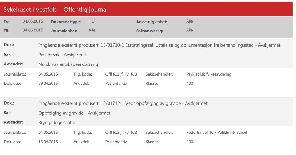 2015 Arkivdel: Pasientarkiv Inngående eksternt produsert, 15/01712-1 Vedr oppfølging av gravide -