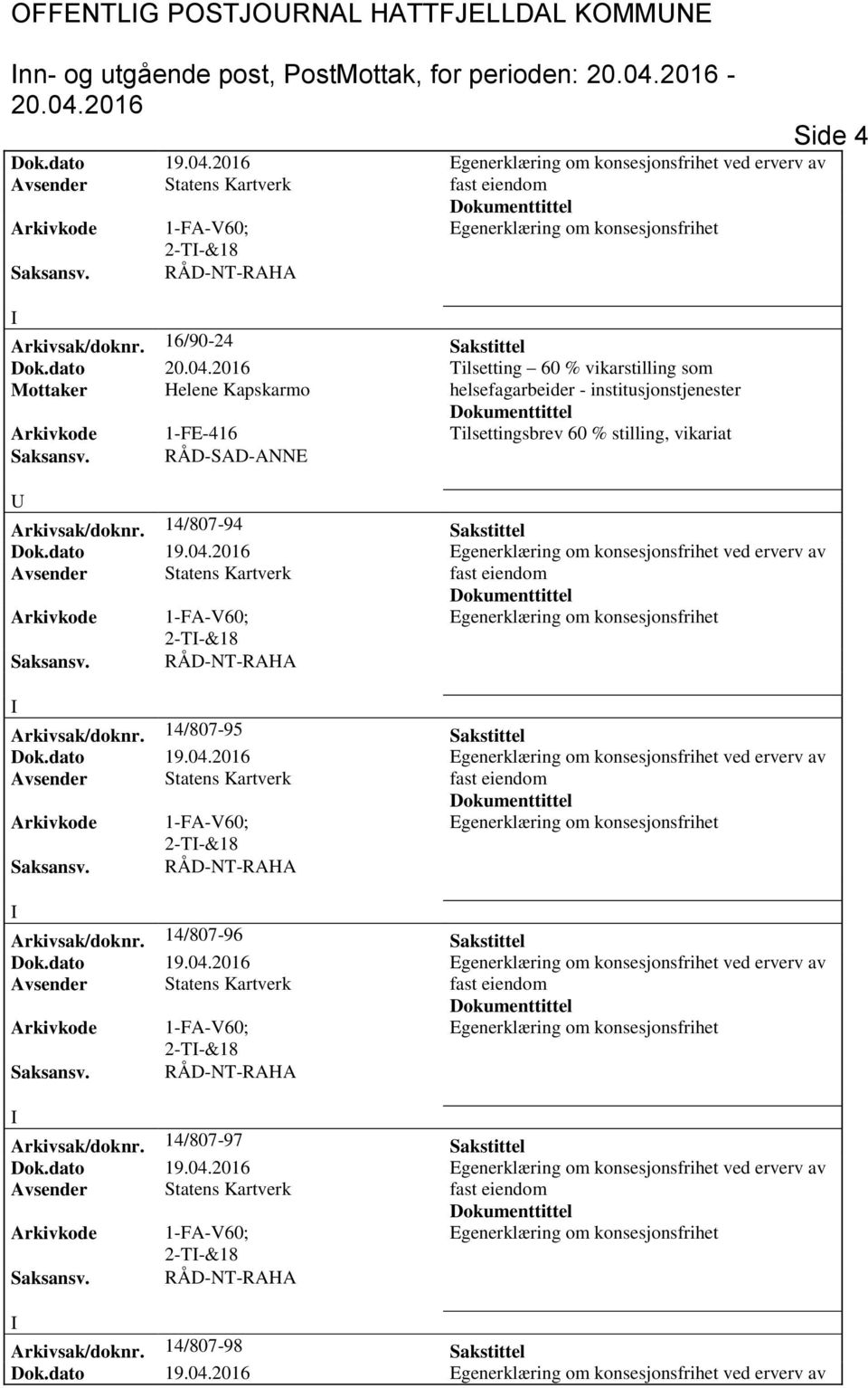 Tilsettingsbrev 60 % stilling, vikariat Saksansv. RÅD-SAD-ANNE Arkivsak/doknr. 14/807-94 Sakstittel 2-T-&18 Arkivsak/doknr.