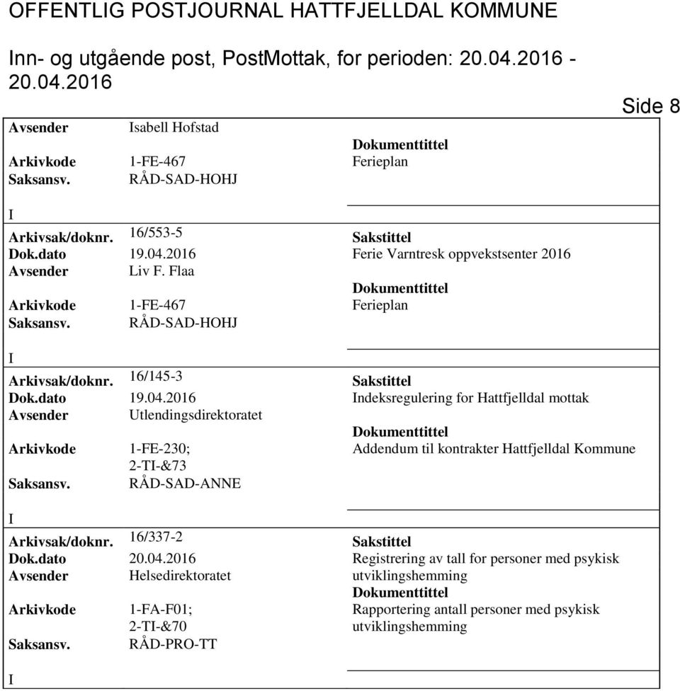 2016 ndeksregulering for Hattfjelldal mottak Avsender tlendingsdirektoratet Arkivkode 1-FE-230; Addendum til kontrakter Hattfjelldal Kommune 2-T-&73 Saksansv.