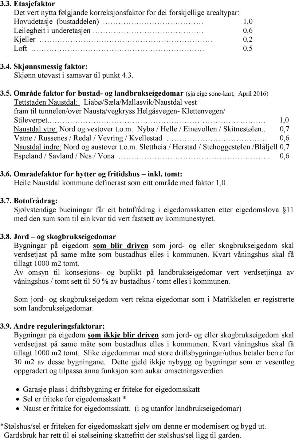 Område faktor for bustad- og landbrukseigedomar (sjå eige sone-kart, April 2016) Tettstaden Naustdal: Liabø/Sæla/Mallasvik/Naustdal vest fram til tunnelen/over Nausta/vegkryss Helgåsvegen-