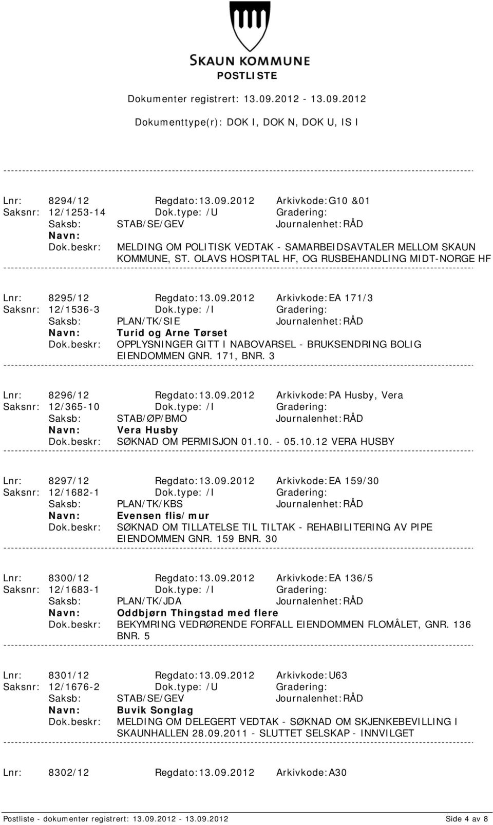 OLAVS HOSPITAL HF, OG RUSBEHANDLING MIDT-NORGE HF Lnr: 8295/12 Regdato:13.09.2012 Arkivkode:EA 171/3 Saksnr: 12/1536-3 Dok.