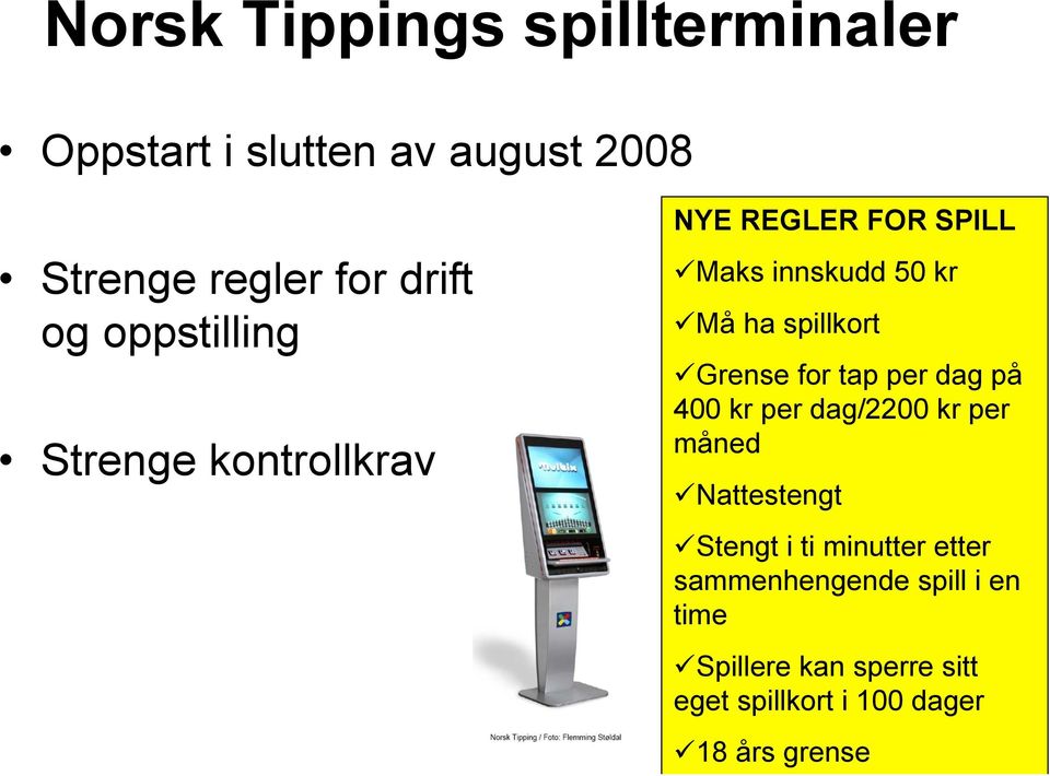 Grense for tap per dag på 400 kr per dag/2200 kr per måned Nattestengt Stengt i ti minutter