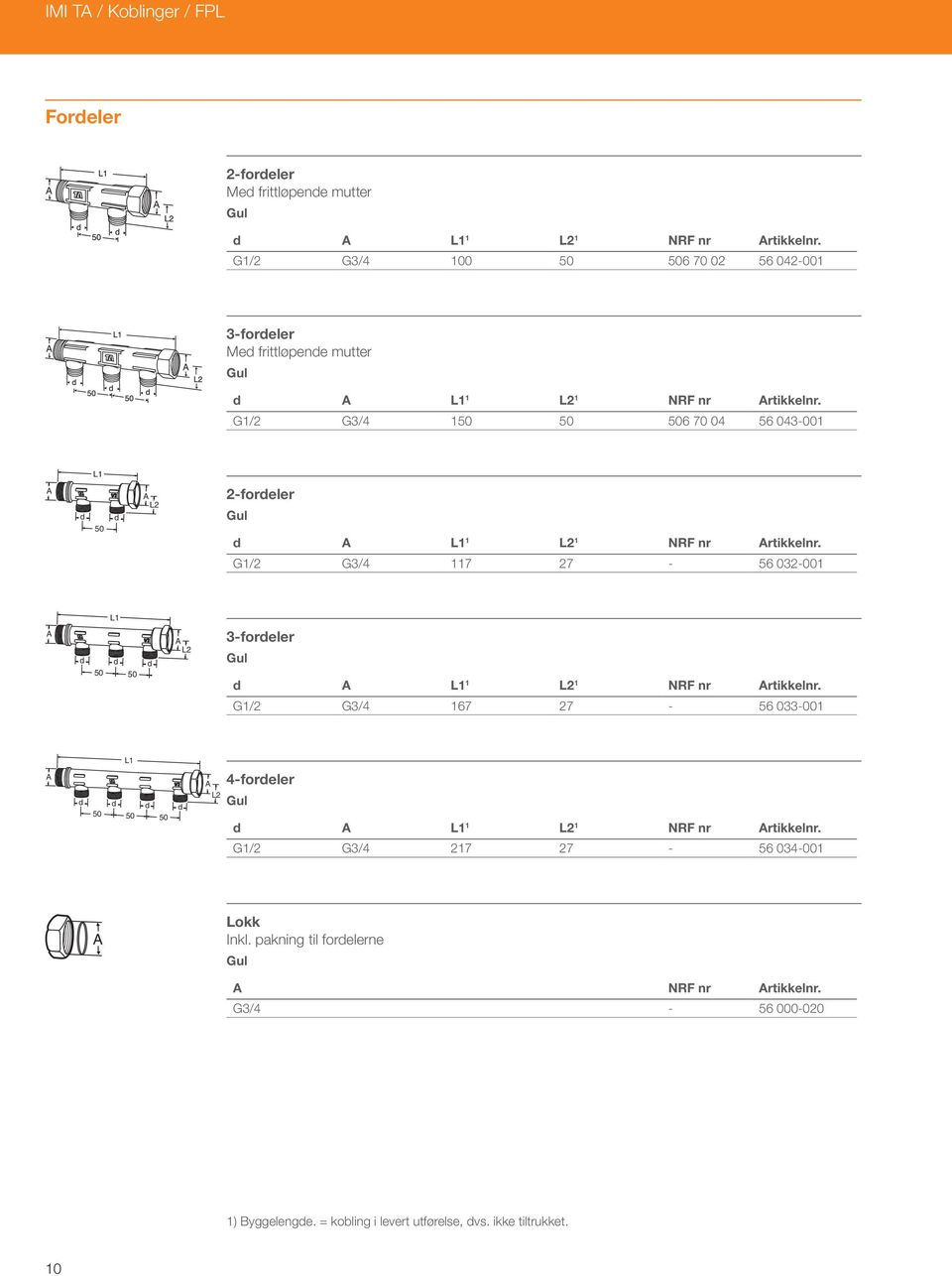 G1/2 G3/4 150 50 506 70 04 56 043-001 L1 A d 50 d A L2 2-fordeler d A L1 1 L2 1 NRF nr Artikkelnr.