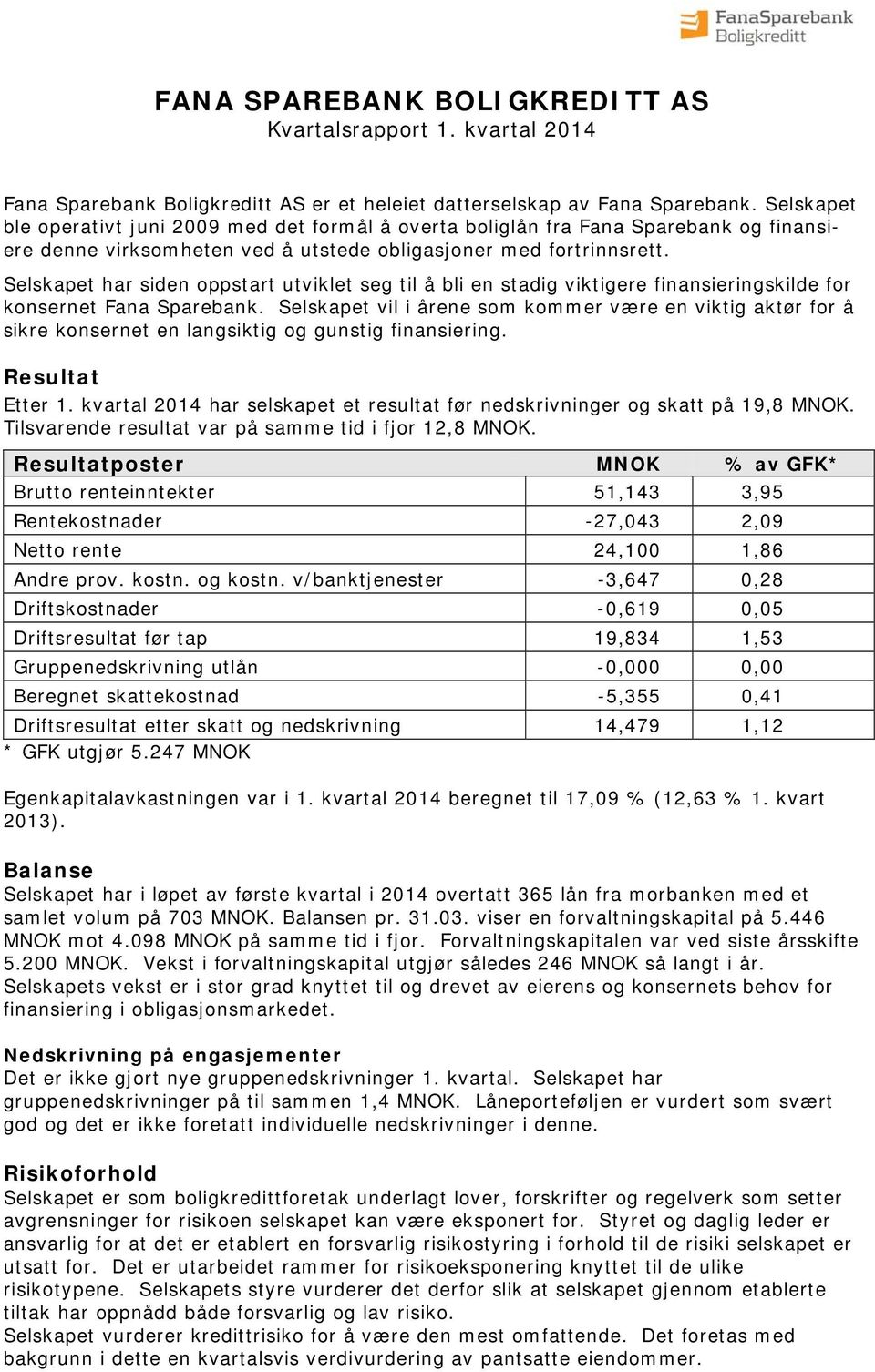 Selskapet har siden oppstart utviklet seg til å bli en stadig viktigere finansieringskilde for konsernet Fana Sparebank.