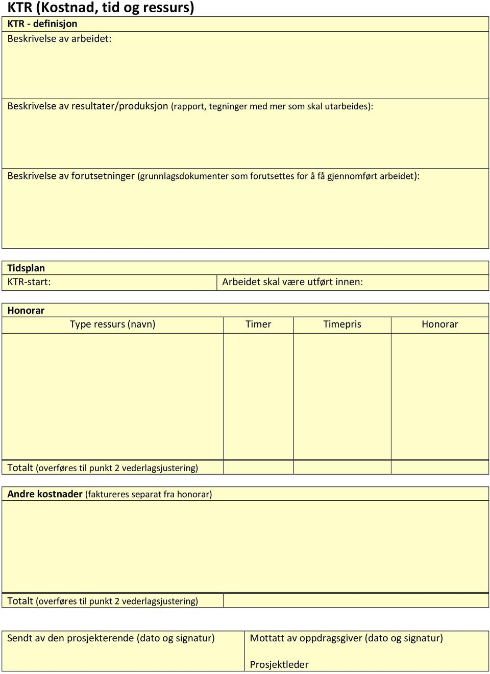 være utført innen: Type ressurs (navn) Timer Timepris Honorar Totalt (overføres til punkt 2 vederlagsjustering) Andre kostnader (faktureres separat fra