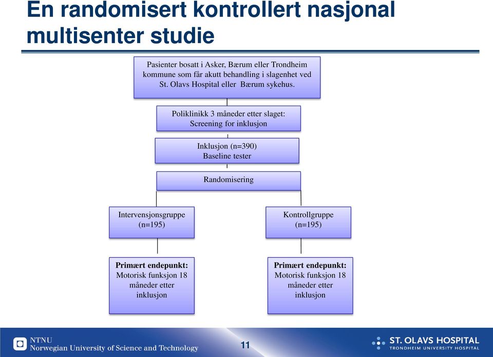 Poliklinikk 3 måneder etter slaget: Screening for inklusjon Inklusjon (n=390) Baseline tester Randomisering