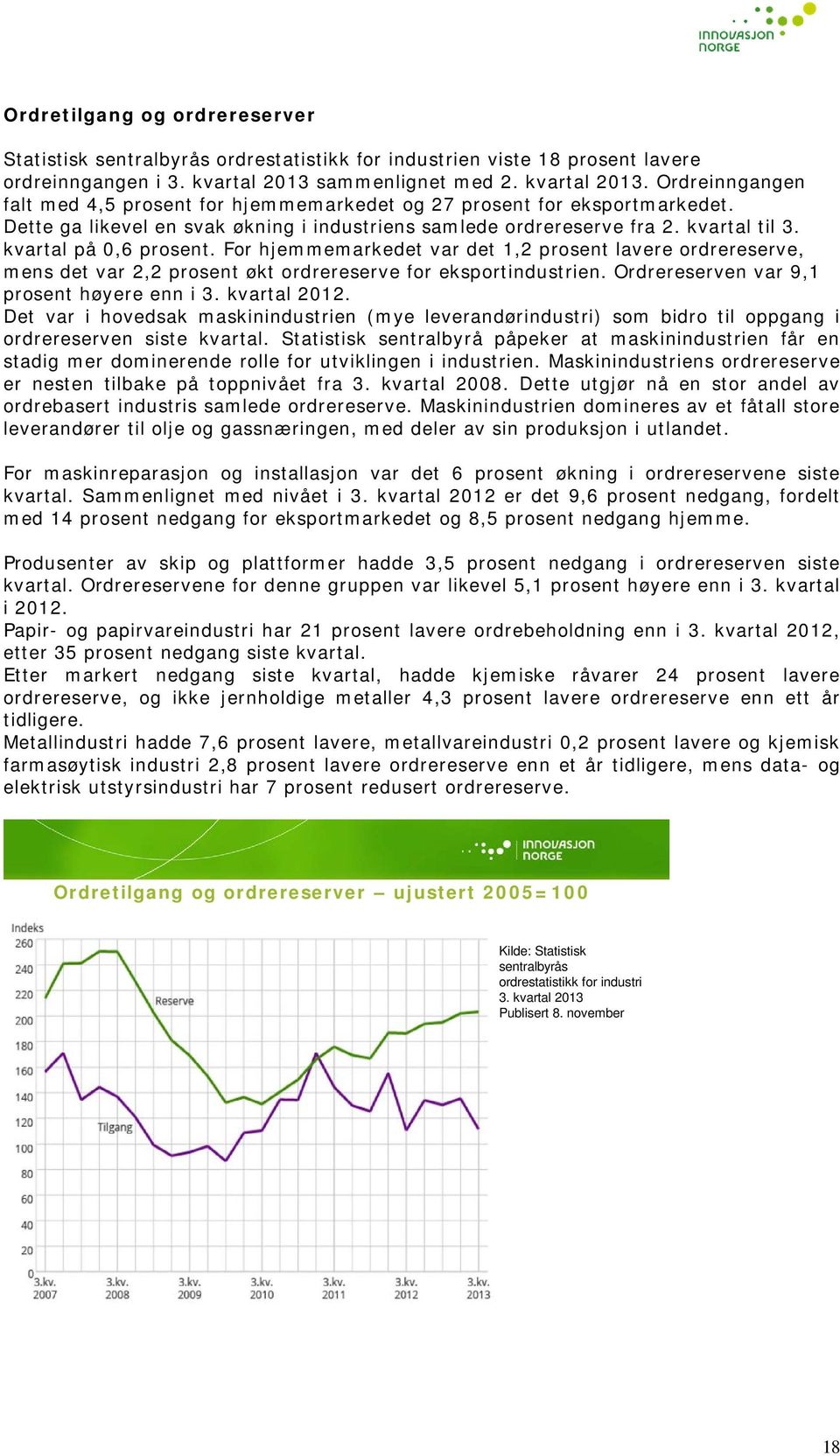 kvartal til 3. kvartal på 0,6 prosent. For hjemmemarkedet var det 1,2 prosent lavere ordrereserve, mens det var 2,2 prosent økt ordrereserve for eksportindustrien.