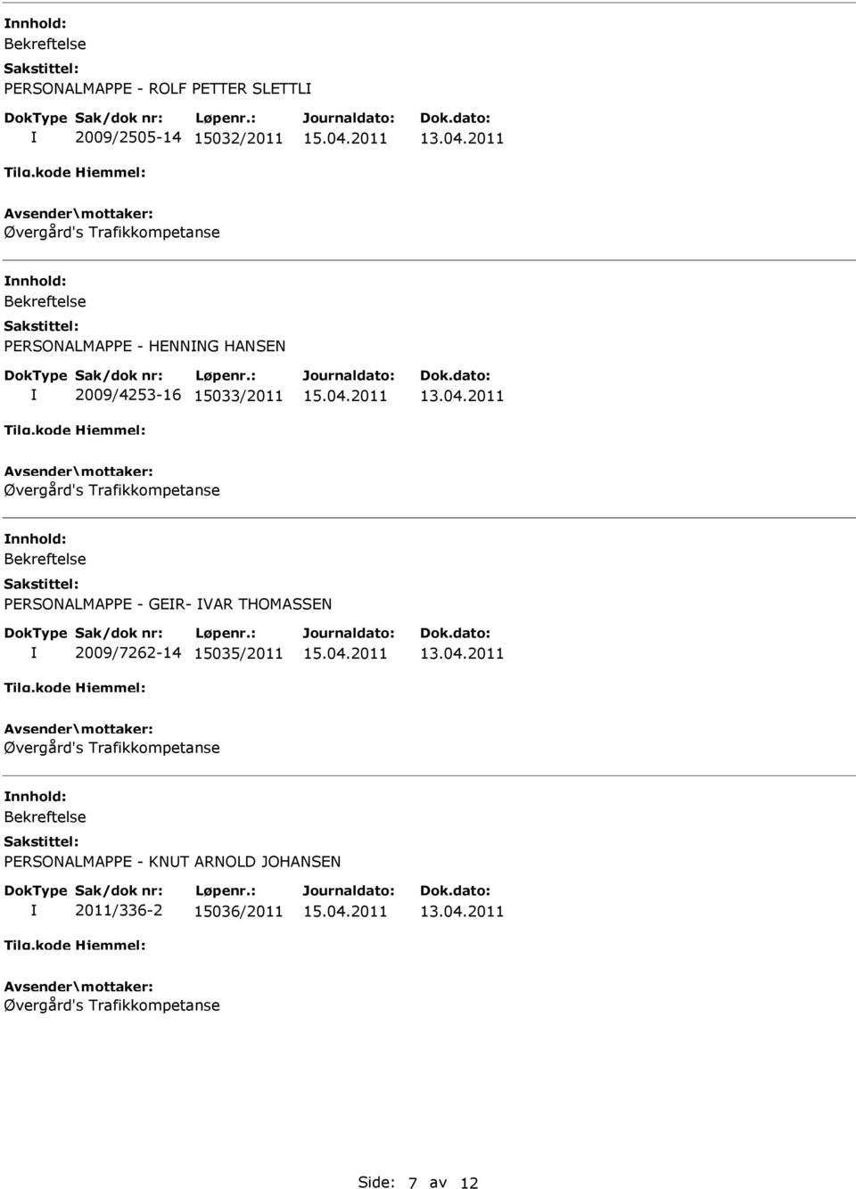 nnhold: PERSONALMAPPE - GER- VAR THOMSEN 2009/7262-14 15035/2011