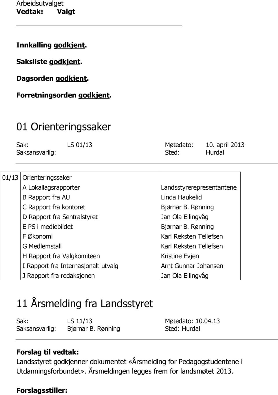 Rapport fra Valgkomiteen I Rapport fra Internasjonalt utvalg J Rapport fra redaksjonen Landsstyrerepresentantene Linda Haukelid Bjørnar B. Rønning Jan Ola Ellingvåg Bjørnar B.