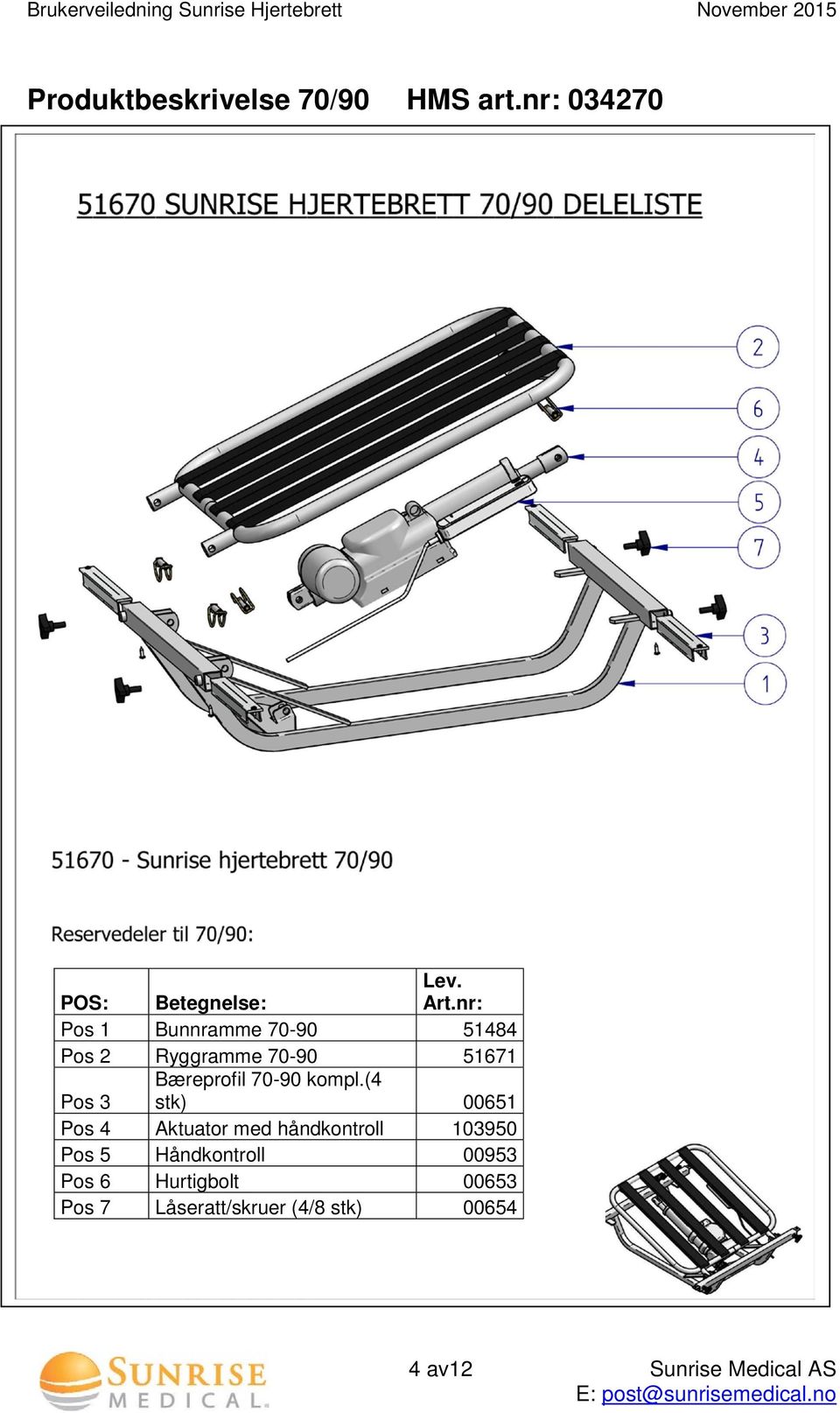 (4 stk) 51673 Pos 4 Aktuator med håndkontroll 00950 Pos 5 Håndkontroll 51675 Pos 6 Hurtigbolt 00653 Pos 7 Låseratt/skruer (4/8 stk) 00654 POS: