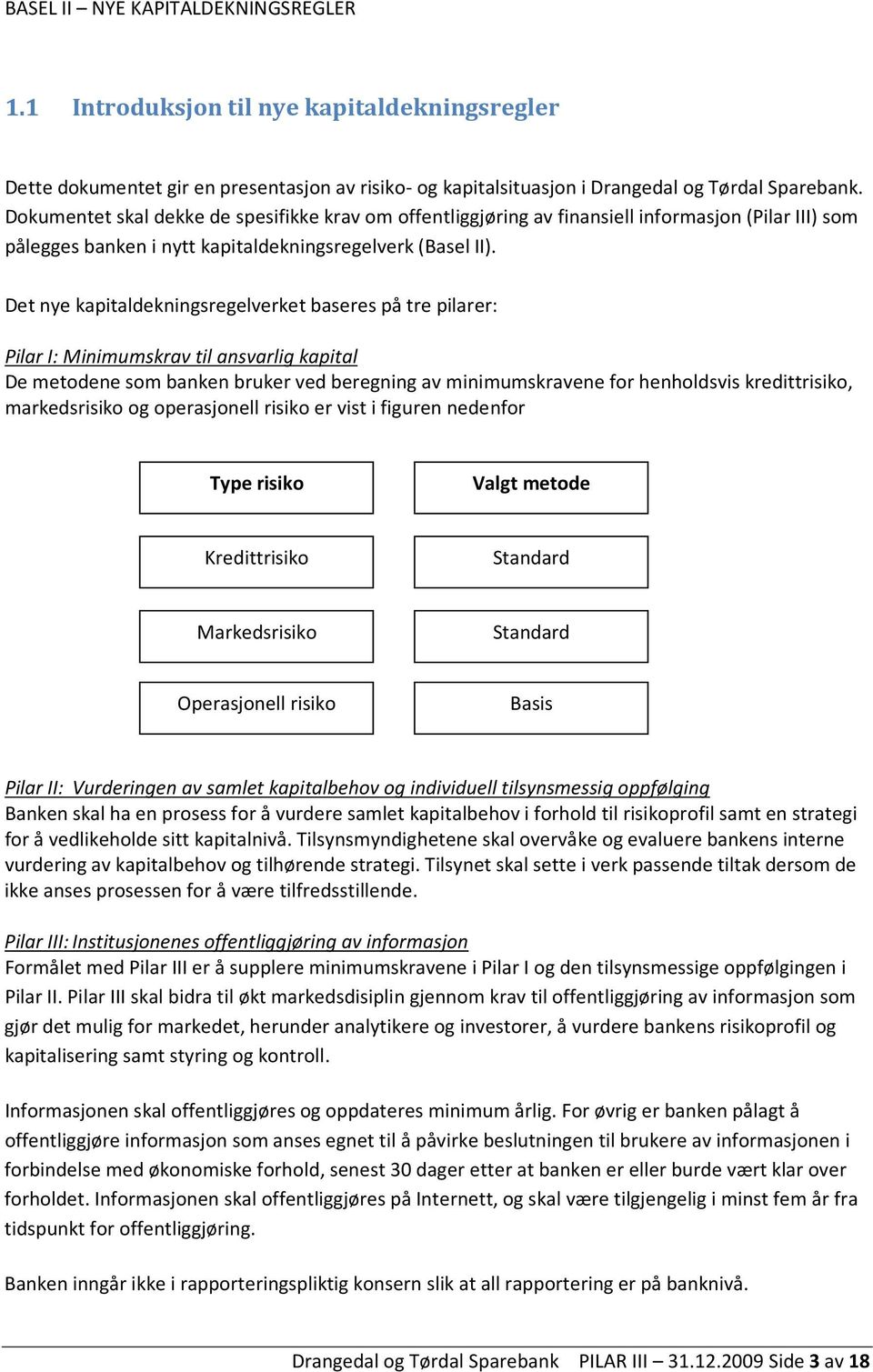 Det nye kapitaldekningsregelverket baseres på tre pilarer: Pilar I: Minimumskrav til ansvarlig kapital De metodene som banken bruker ved beregning av minimumskravene for henholdsvis kredittrisiko,