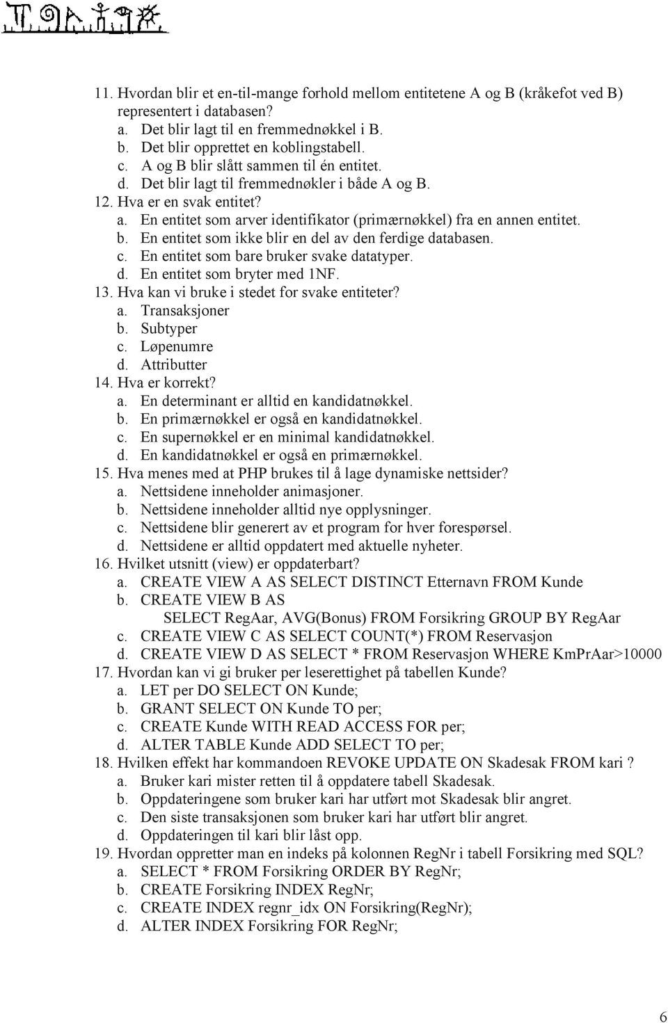 c. En entitet som bare bruker svake datatyper. d. En entitet som bryter med 1NF. 13. Hva kan vi bruke i stedet for svake entiteter? a. Transaksjoner b. Subtyper c. Løpenumre d. Attributter 14.