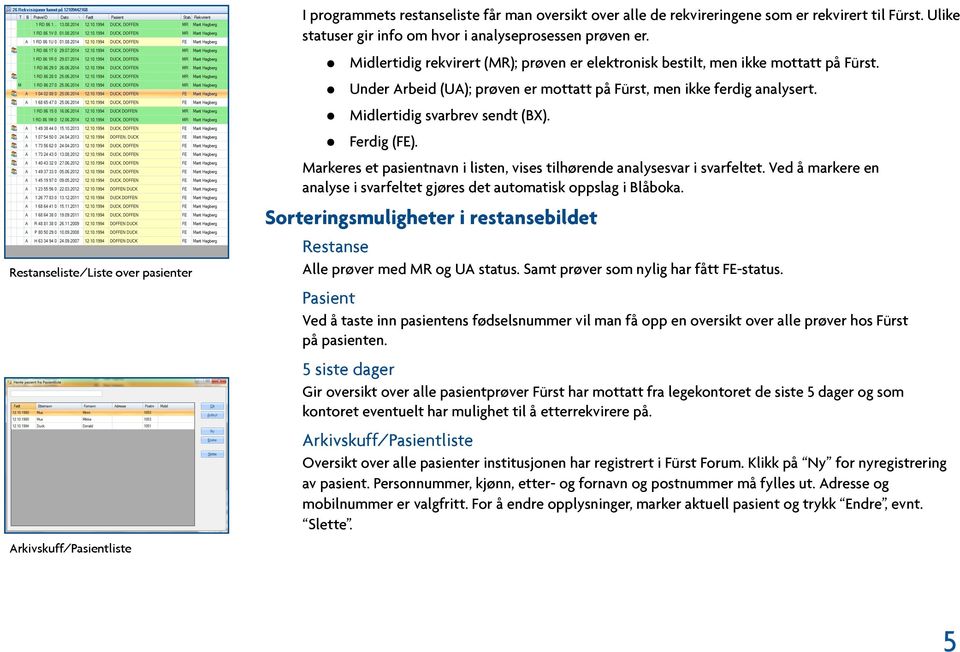 Under Arbeid (UA); prøven er mottatt på Fürst, men ikke ferdig analysert. Midlertidig svarbrev sendt (BX). Ferdig (FE). Markeres et pasientnavn i listen, vises tilhørende analysesvar i svarfeltet.