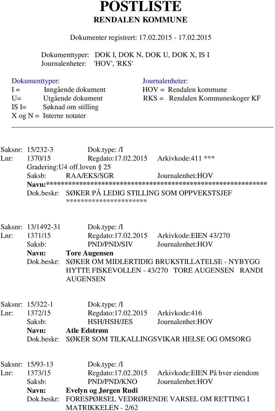 2015 Arkivkode:EIEN 43/270 Saksb: PND/PND/SIV Journalenhet:HOV Navn: Tore Augensen Dok.