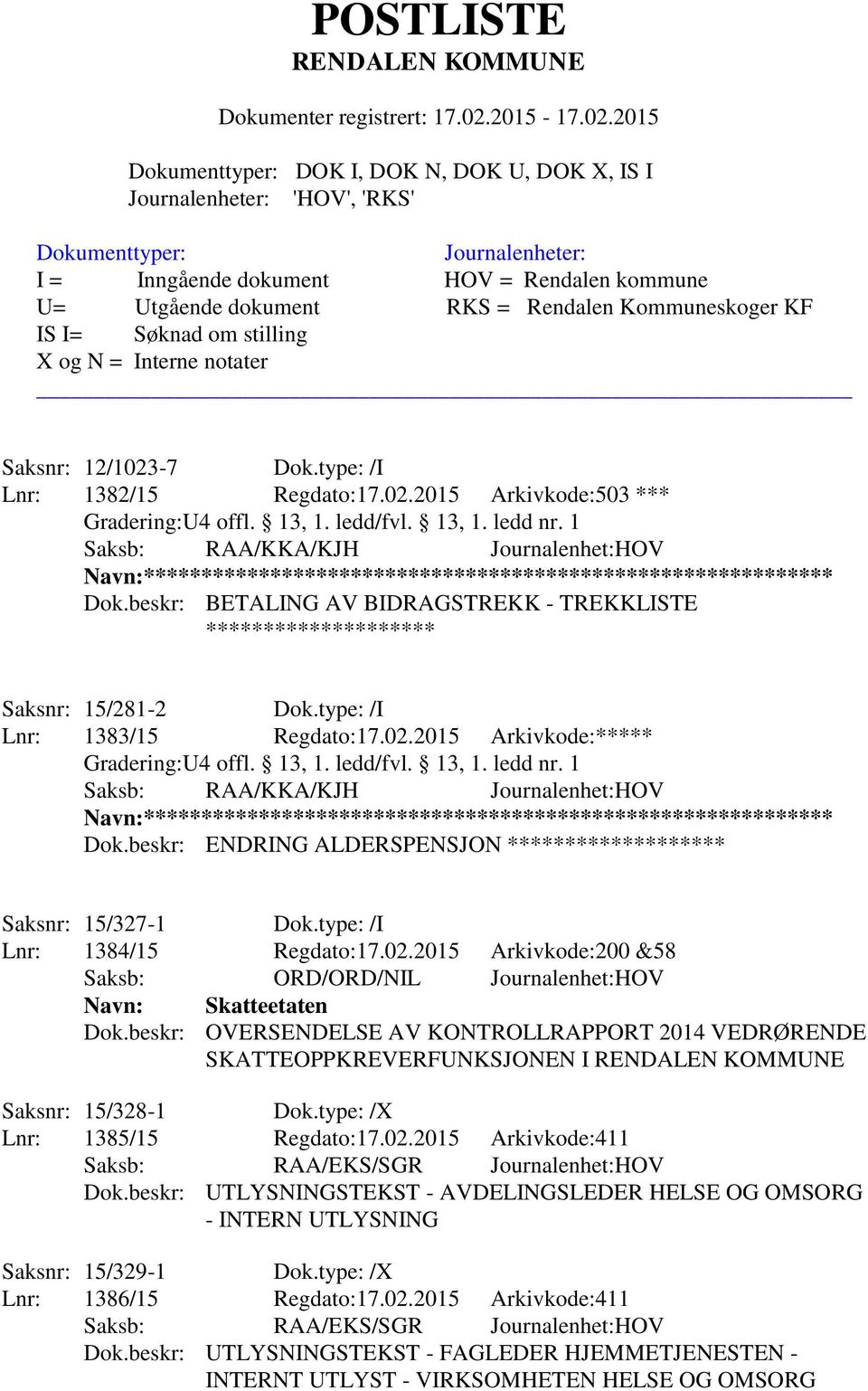 type: /I Lnr: 1383/15 Regdato:17.02.2015 Arkivkode:***** Gradering:U4 offl. 13, 1. ledd/fvl. 13, 1. ledd nr.