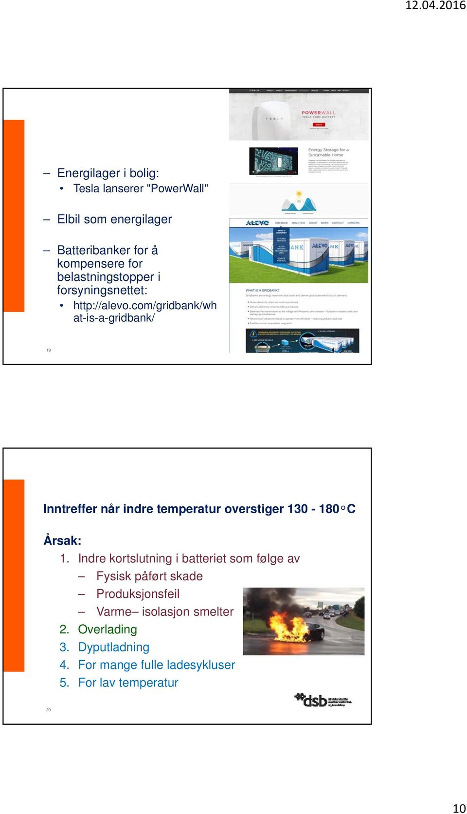 com/gridbank/wh at-is-a-gridbank/ 19 Inntreffer når indre temperatur overstiger 130-180 C Årsak: 1.