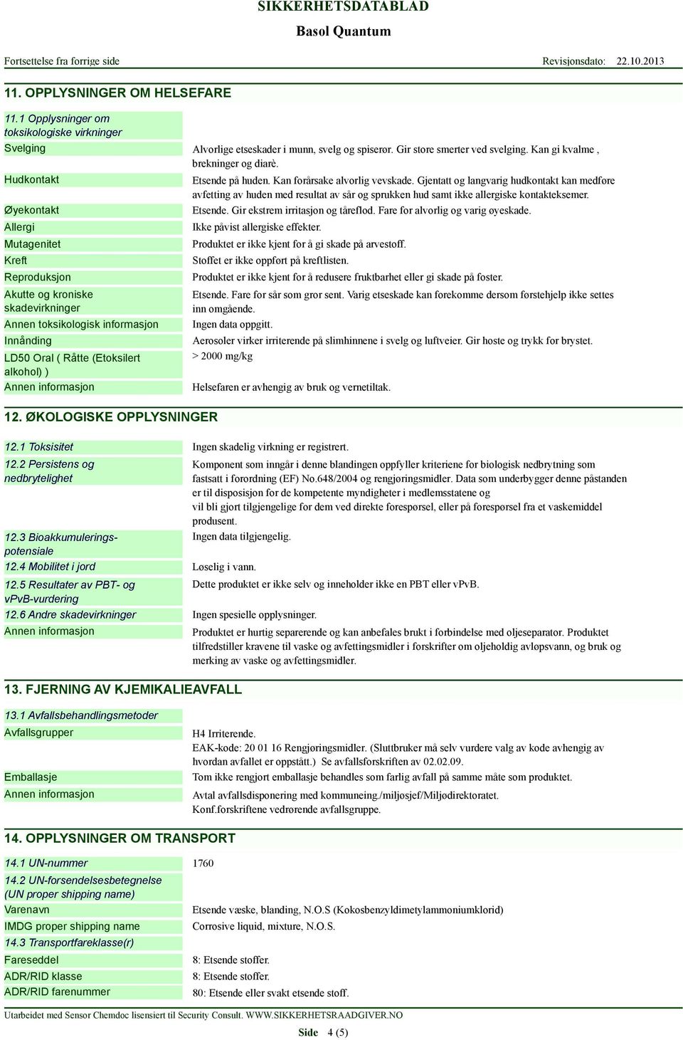 Hudkontakt Øyekontakt Allergi Mutagenitet Kreft Reproduksjon Akutte og kroniske skadevirkninger Annen toksikologisk informasjon Innånding LD50 Oral ( Råtte (Etoksilert alkohol) ) Etsende på huden.