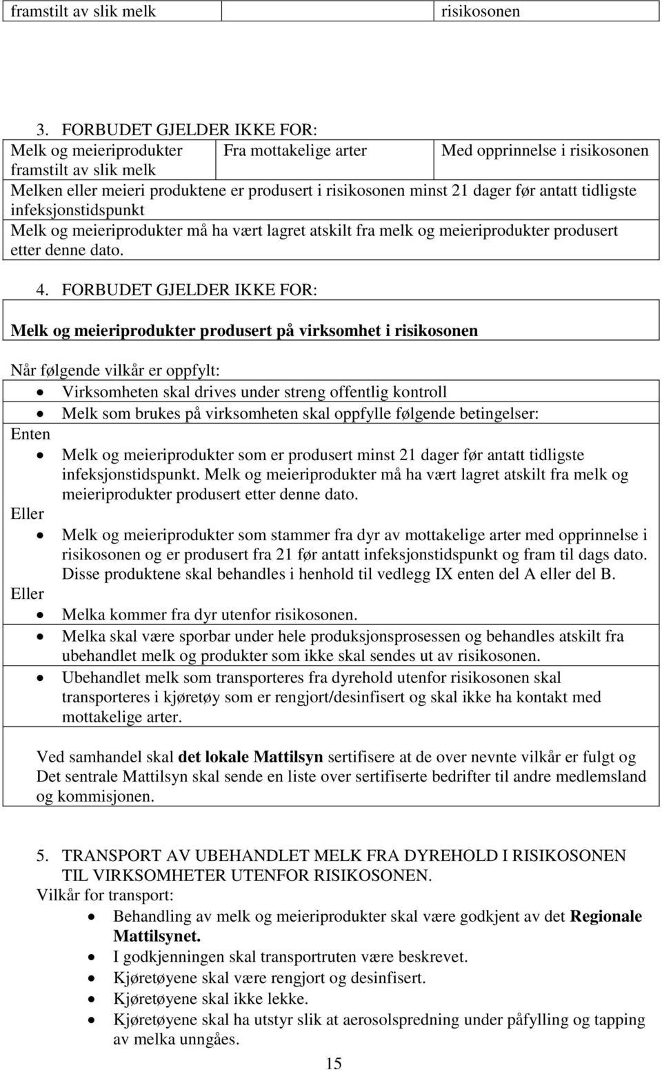 før antatt tidligste infeksjonstidspunkt Melk og meieriprodukter må ha vært lagret atskilt fra melk og meieriprodukter produsert etter denne dato. 4.