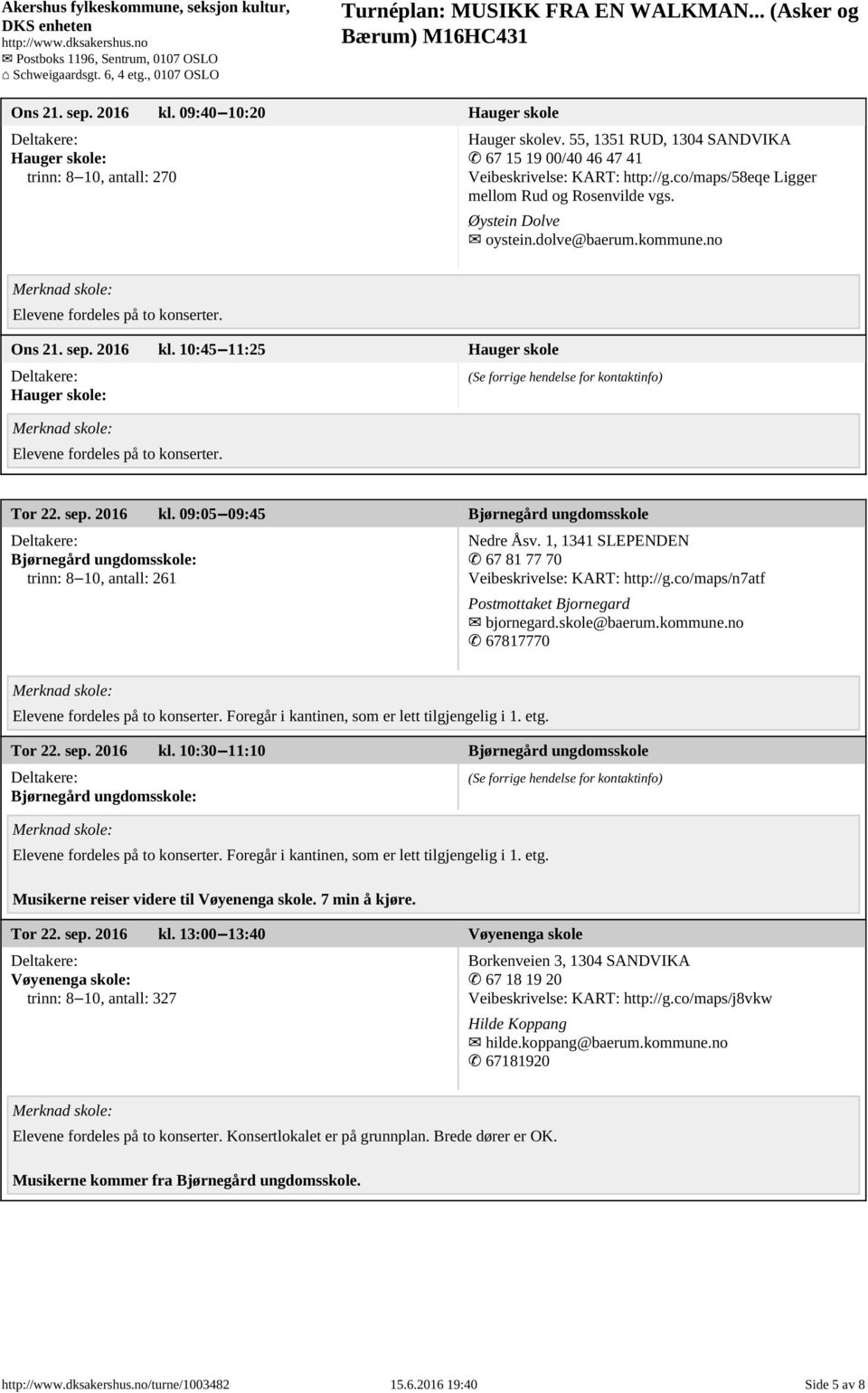 10:45 11:25 Hauger skole Hauger skole: Elevene fordeles på to konserter. Tor 22. sep. 2016 kl. 09:05 09:45 Bjørnegård ungdomsskole Bjørnegård ungdomsskole: trinn: 8 10, antall: 261 Nedre Åsv.