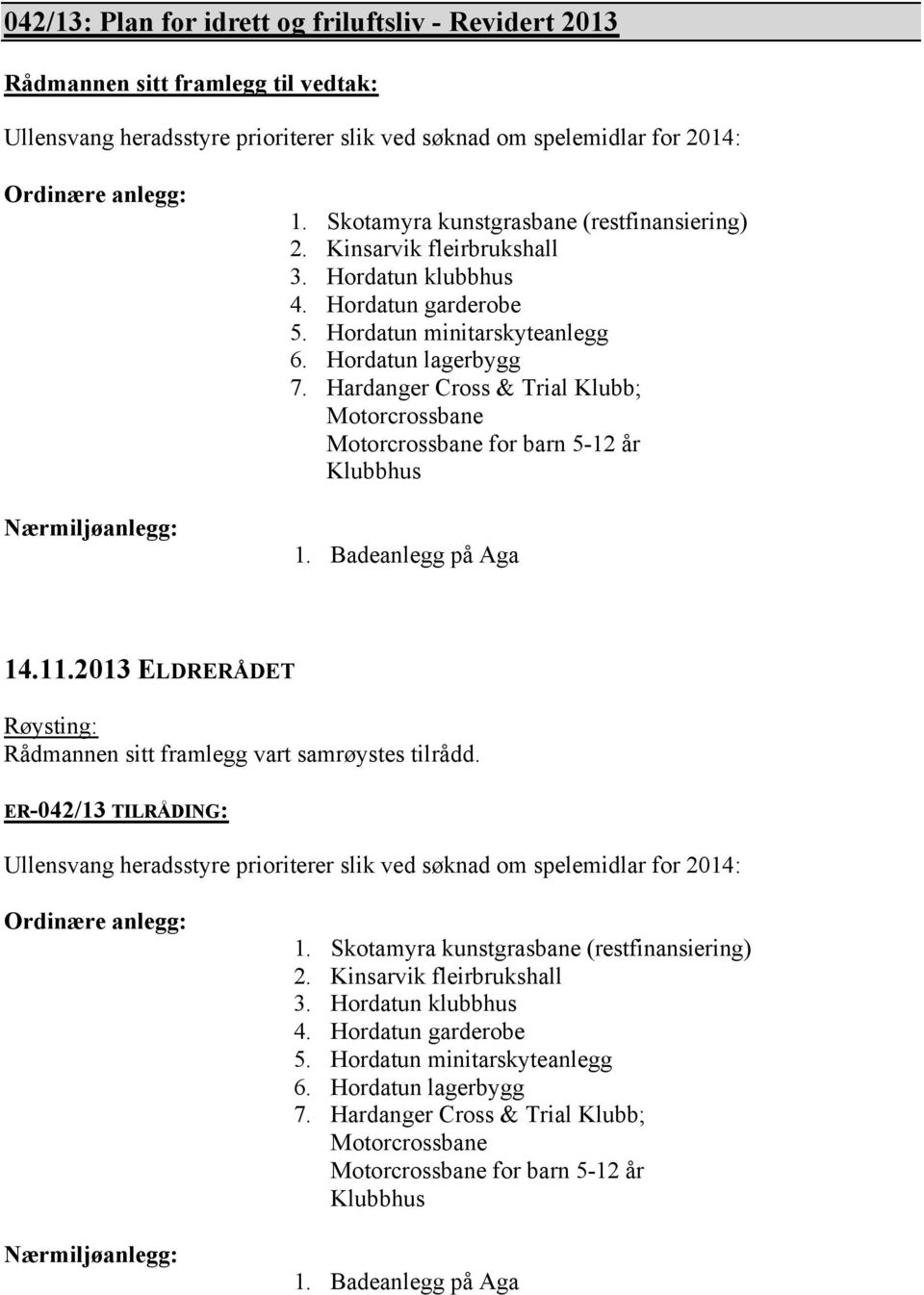 Hardanger Cross & Trial Klubb; Motorcrossbane Motorcrossbane for barn 5-12 år Klubbhus 1. Badeanlegg på Aga Rådmannen sitt framlegg vart samrøystes tilrådd.