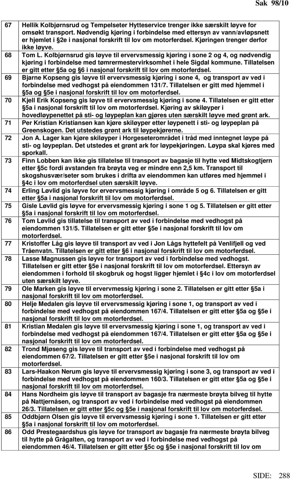 Kolbjørnsrud gis løyve til ervervsmessig kjøring i sone 2 og 4, og nødvendig kjøring i forbindelse med tømrermestervirksomhet i hele Sigdal kommune.