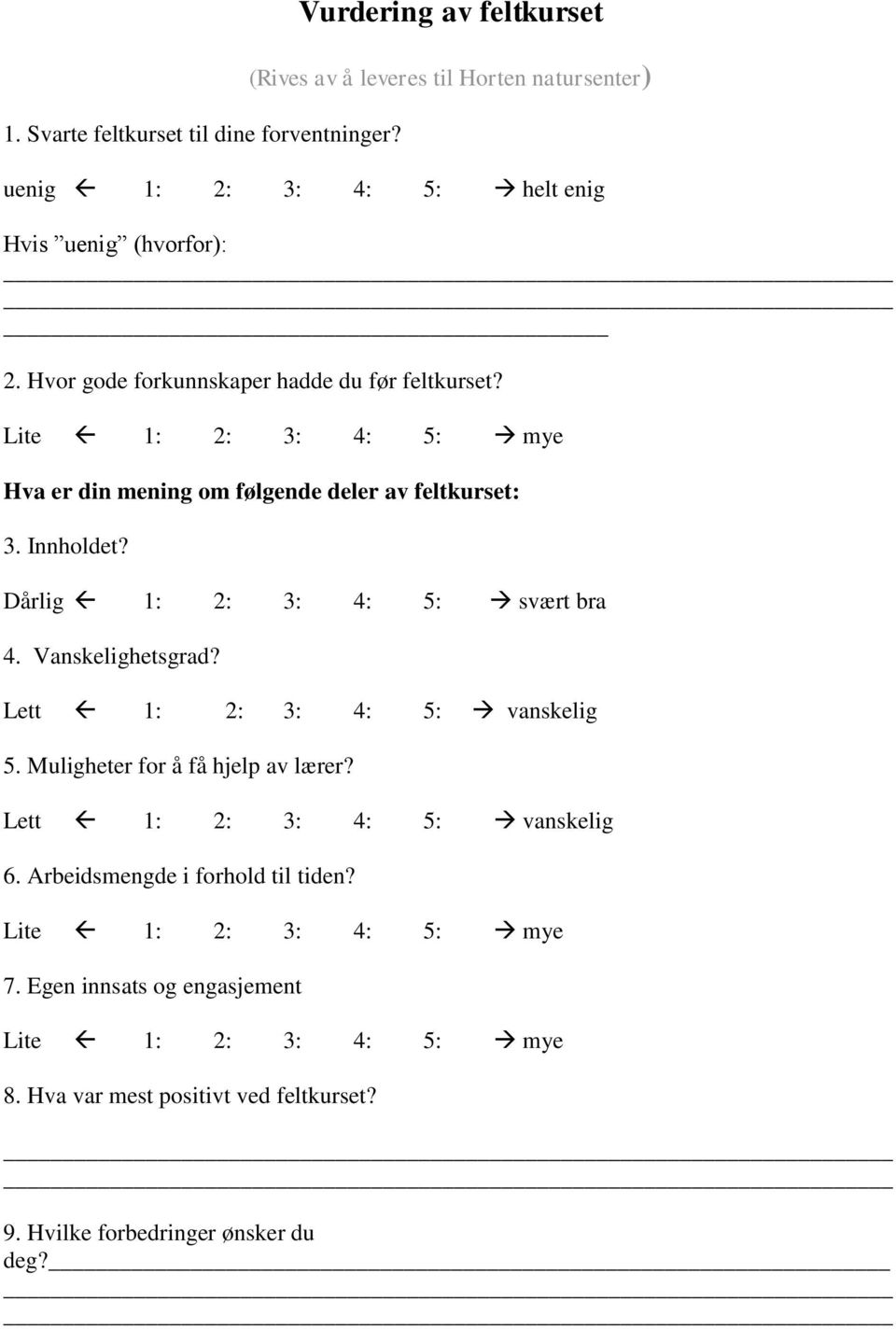 Hvor gode forkunnskaper hadde du før feltkurset? Lite 1: 2: 3: 4: 5: mye Hva er din mening om følgende deler av feltkurset: 3. Innholdet?