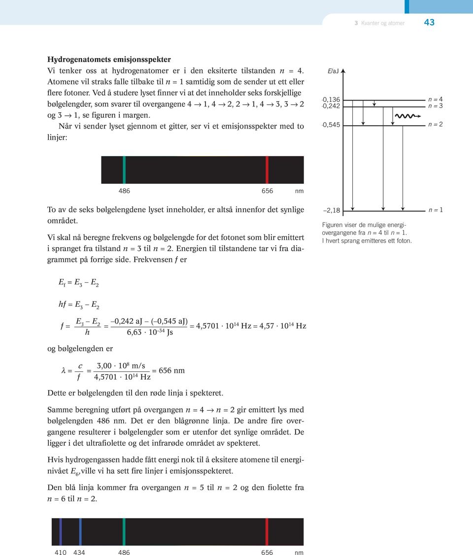 Ved å studere lyset finner vi at det inneholder seks forskjellige bølgelengder, som svarer til overgangene 4 1, 4 2, 2 1, 4 3, 3 2 og 3 1, se figuren i margen.