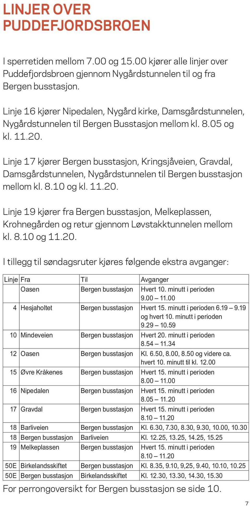 Linje 17 kjører Bergen busstasjon, Kringsjåveien, Gravdal, Damsgårdstunnelen, Nygårdstunnelen til Bergen busstasjon mellom kl. 8.10 og kl. 11.20.