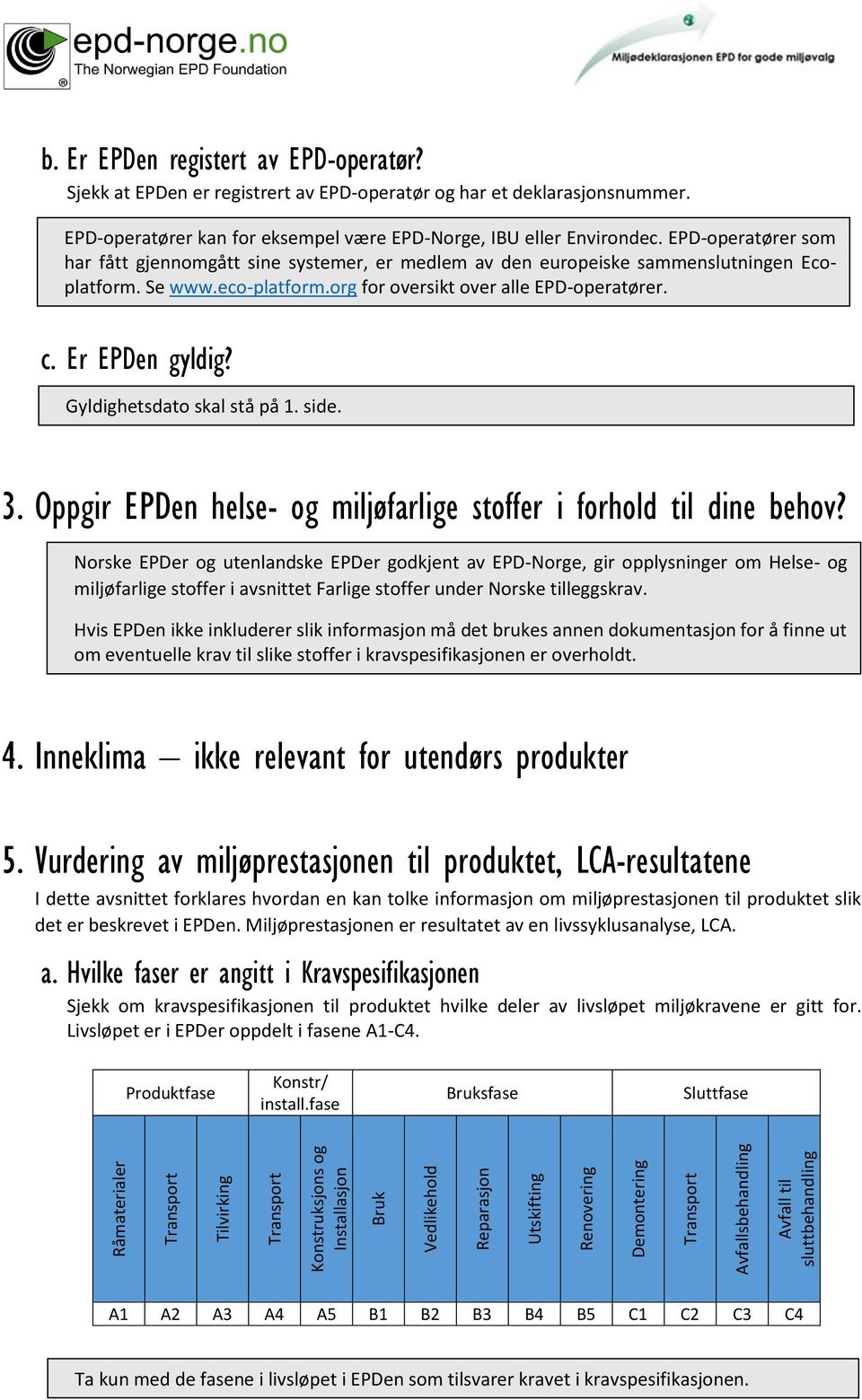 EPD-operatører som har fått gjennomgått sine systemer, er medlem av den europeiske sammenslutningen Ecoplatform. Se www.eco-platform.org for oversikt over alle EPD-operatører. c. Er EPDen gyldig?