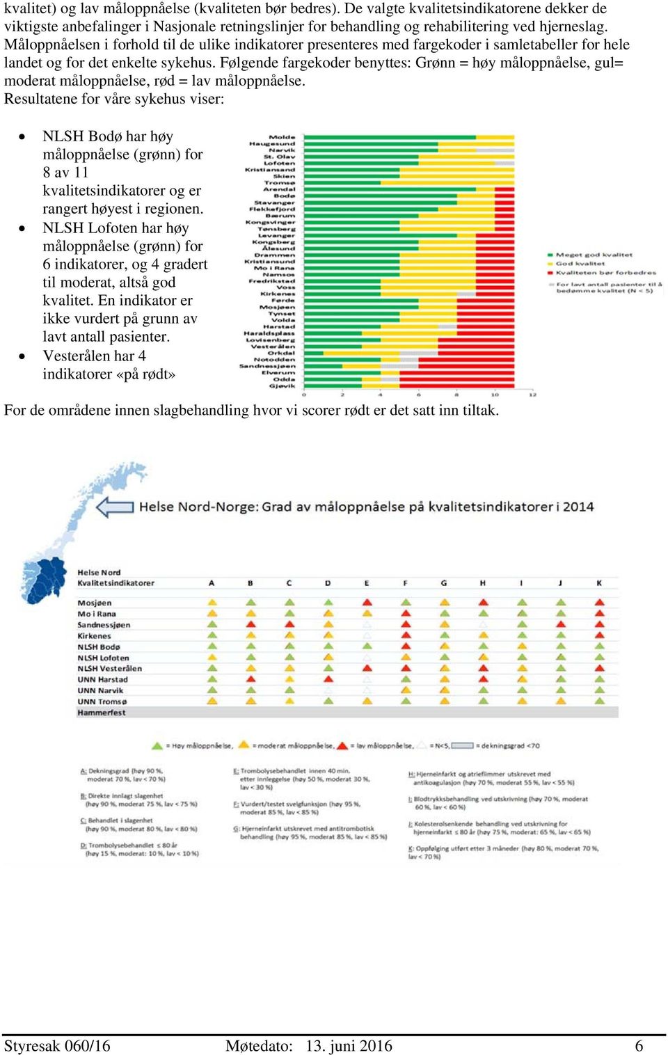 Følgende fargekoder benyttes: Grønn = høy måloppnåelse, gul= moderat måloppnåelse, rød = lav måloppnåelse.