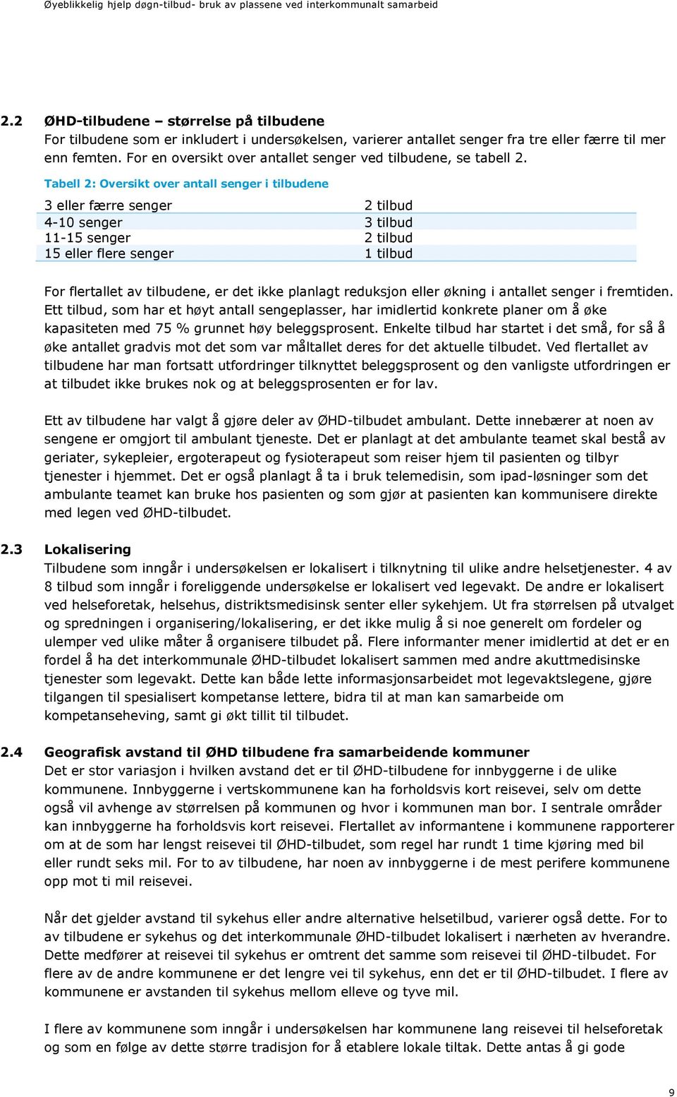 Tabell 2: Oversikt over antall senger i tilbudene 3 eller færre senger 2 tilbud 4-10 senger 3 tilbud 11-15 senger 2 tilbud 15 eller flere senger 1 tilbud For flertallet av tilbudene, er det ikke